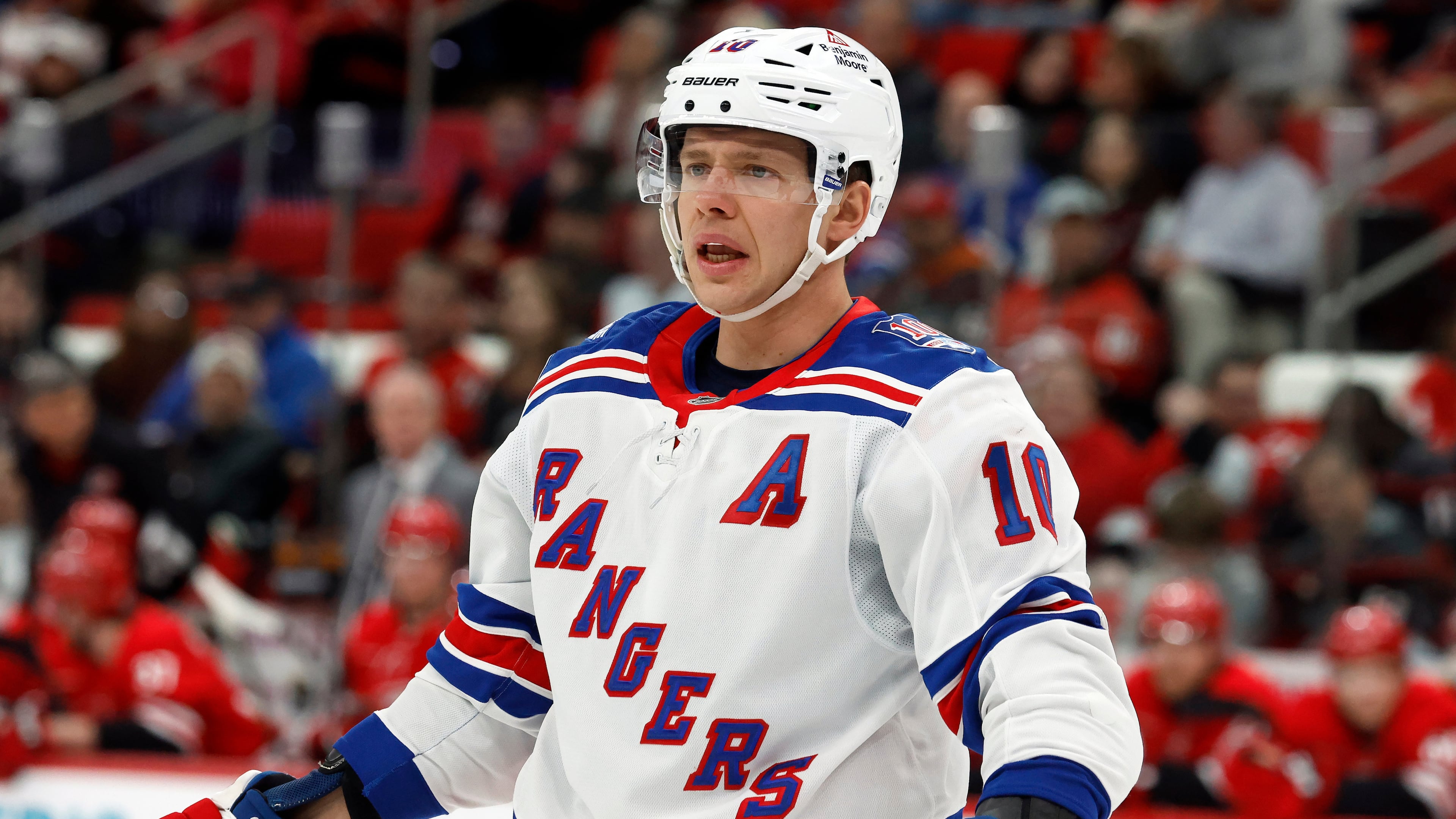 FILE - New York Rangers' Artemi Panarin (10) waits for a face-off during the first period of an NHL hockey game against the Carolina Hurricanes in Raleigh, N.C., Dec. 29, 2025. (AP Photo/Karl DeBlaker, File)