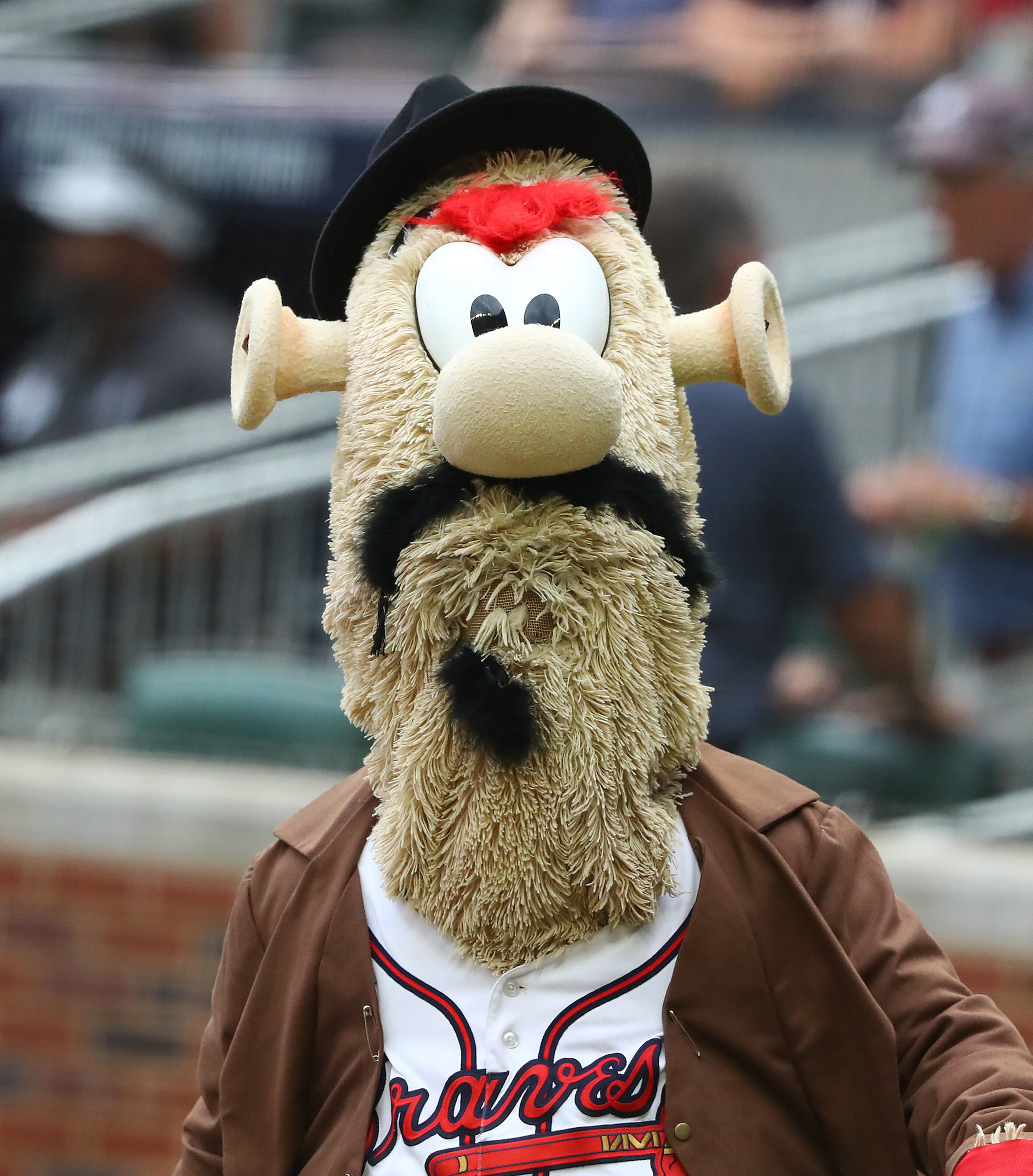 Braves mascot Blooper sports a Spencer Strider mustache Sunday in Atlanta. (Curtis Compton / Curtis.Compton@ajc.com)