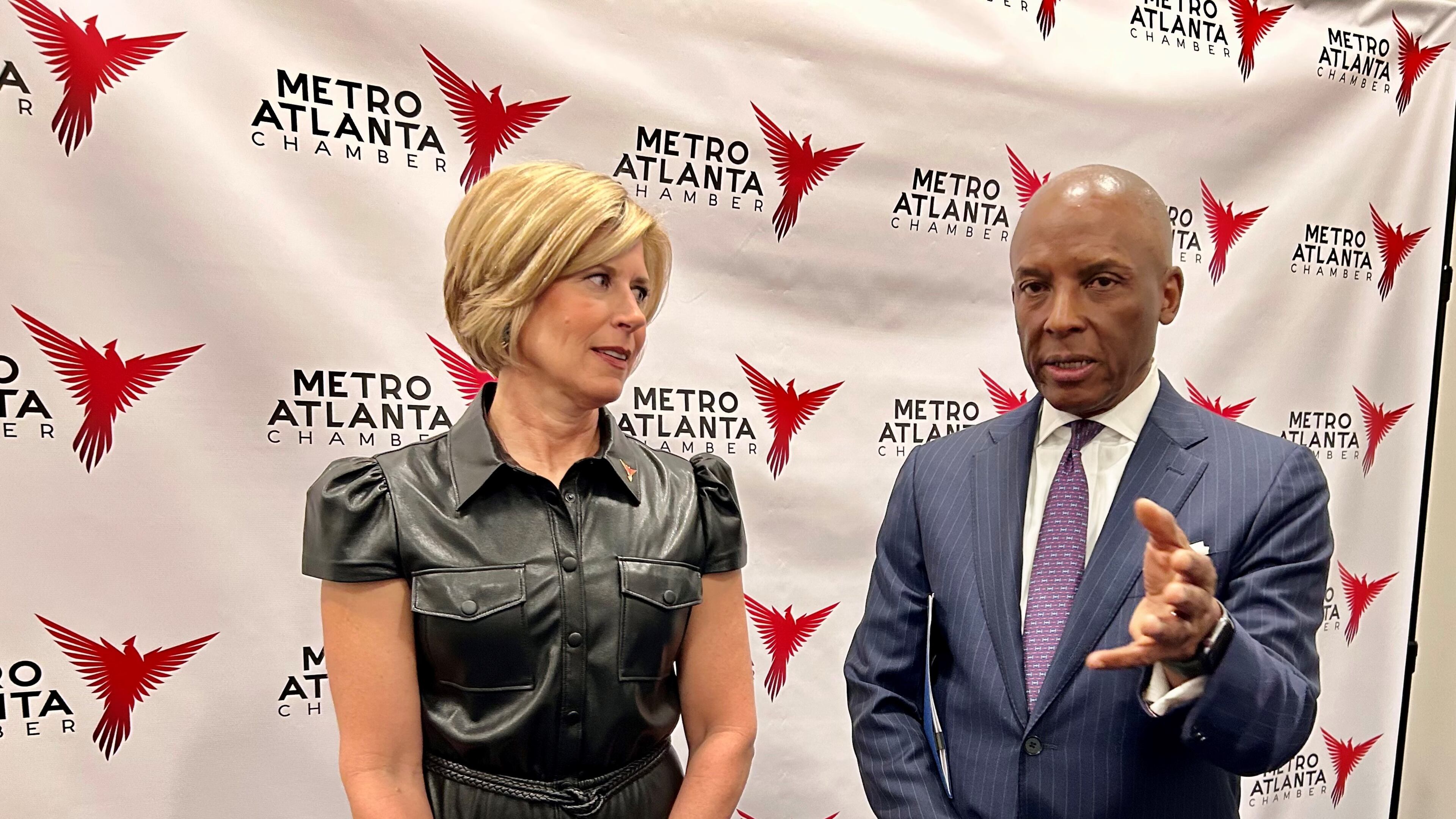 Metro Atlanta Chamber CEO Katie Kirkpatrick (left) and Southern Company CEO Chris Womack, who is also the chamber’s chair for 2024