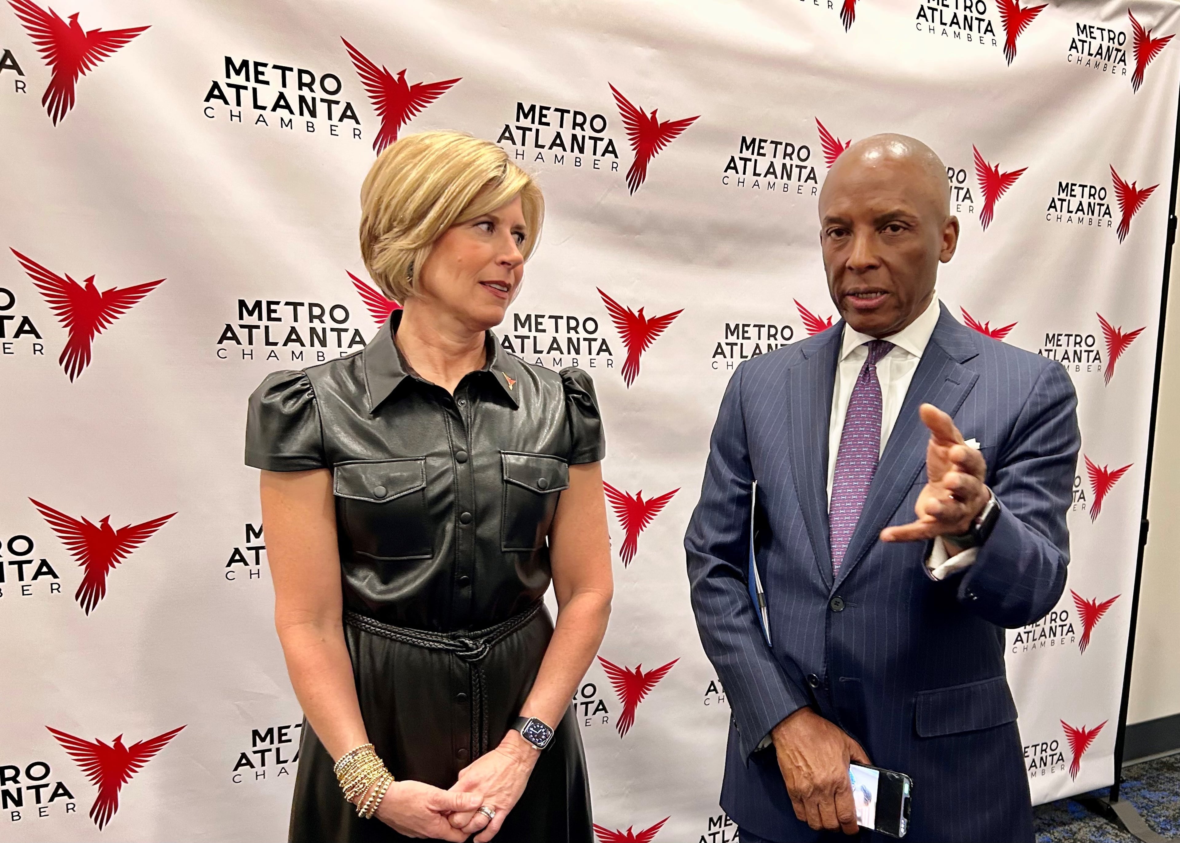 Metro Atlanta Chamber CEO Katie Kirkpatrick (left) and Southern Company President and CEO Chris Womack, who is also the chamber’s chair for 2024