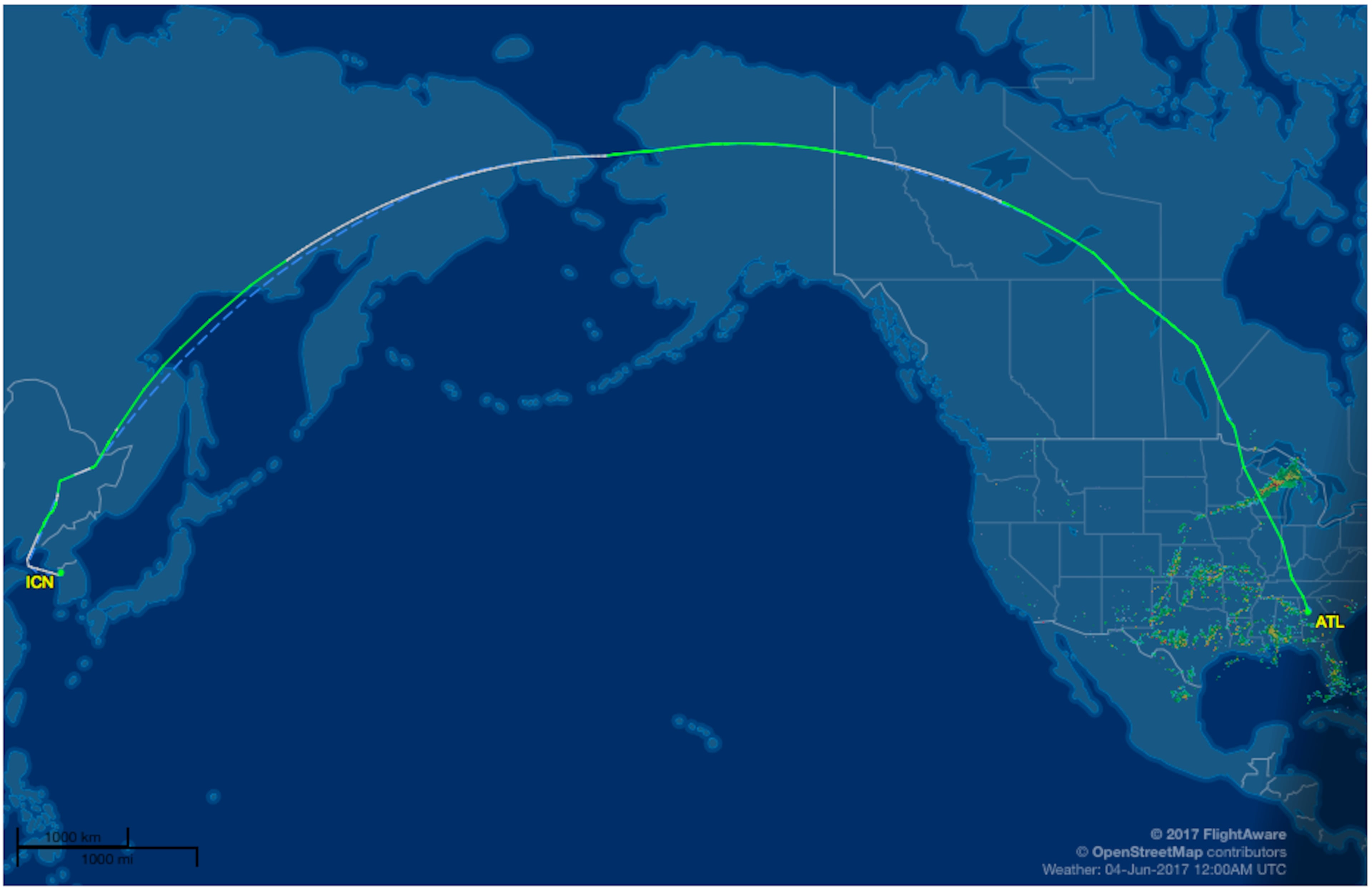 The previous flight path for Delta flights from Atlanta to Seoul crossed over Russian airspace, as shown in this image from FlightAware.com showing the path of Delta's inaugural flight on the route, as published by DeBrian Travels in 2017. Source: DeBrianTravels.com and FlightAware.
