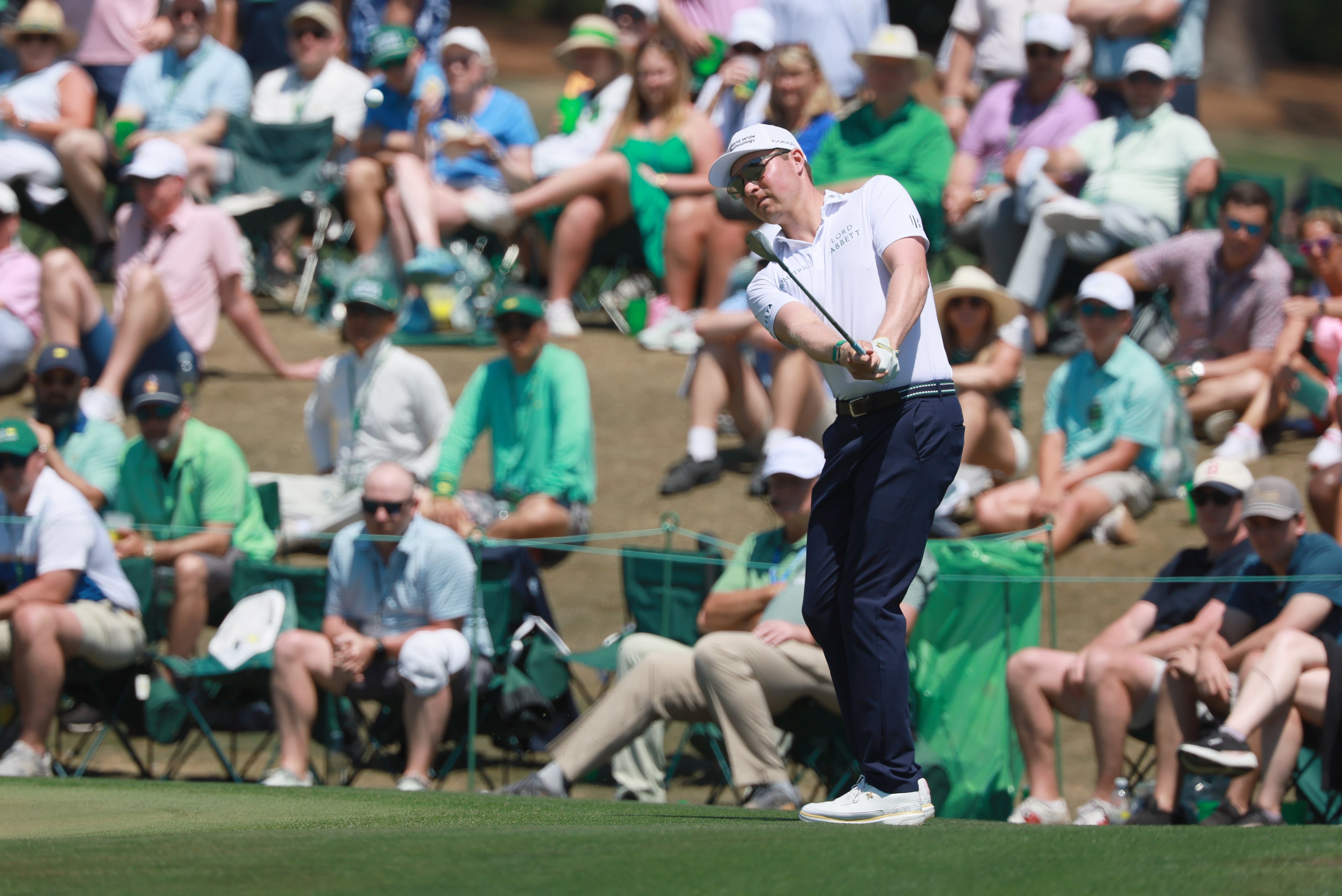 Ben Griffin chips onto second green during final round of the Masters, at Augusta National Golf Club, Sunday, April 12, 2026, in Augusta, GA (Jason Getz/AJC)