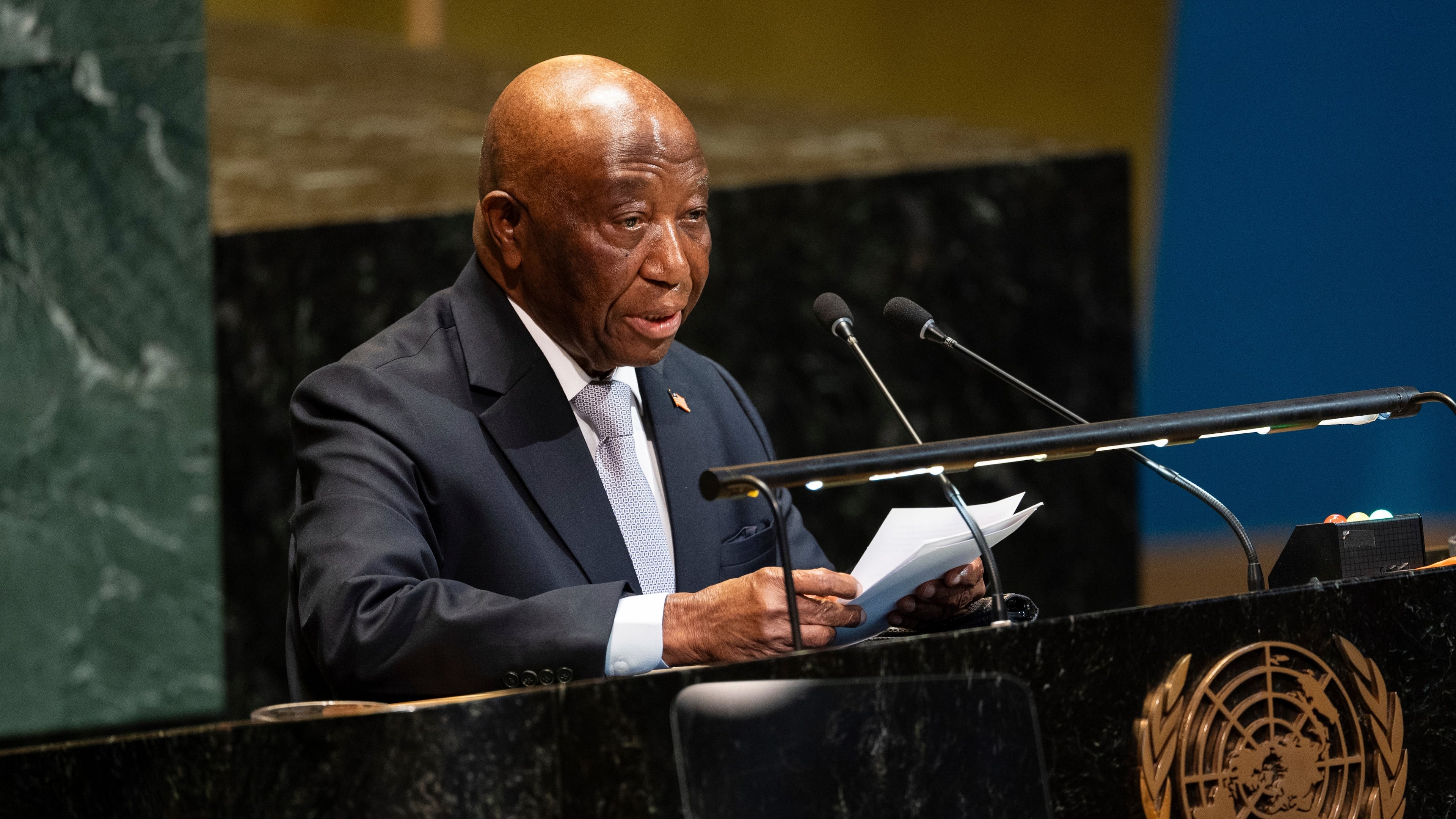 FILE -Liberia's President Joseph Boakai addresses the 80th session of the UN General Assembly at United Nations headquarters, Sept. 22, 2025. (AP Photo/Angelina Katsanis, File)