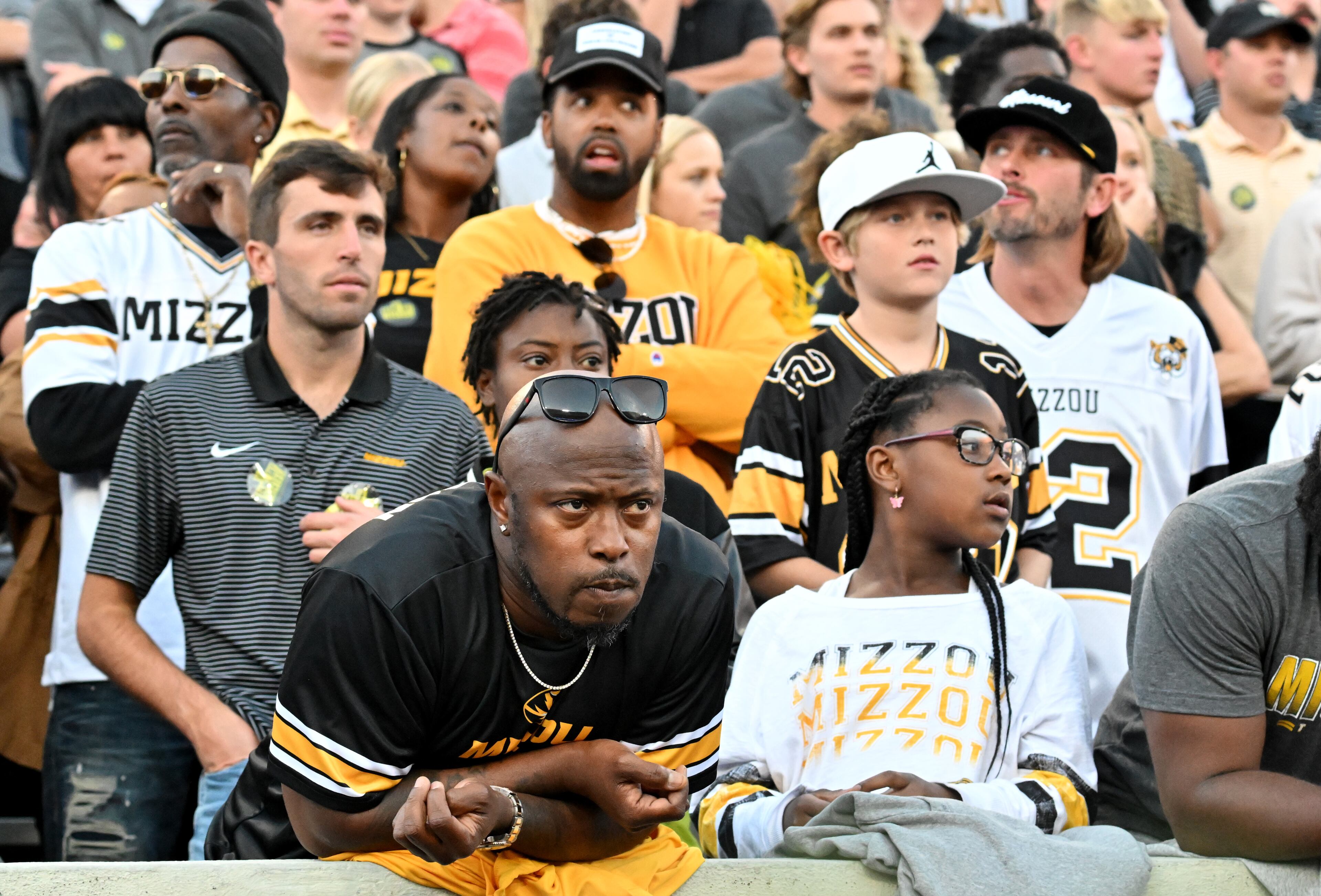 Missouri fans reacts after Georgia tight end Oscar Delp scored a touchdown during the second half in an NCAA football game at Sanford Stadium, Saturday, November 4, 2023, in Athens. Georgia won 30-21 over Missouri. (Hyosub Shin / Hyosub.Shin@ajc.com)