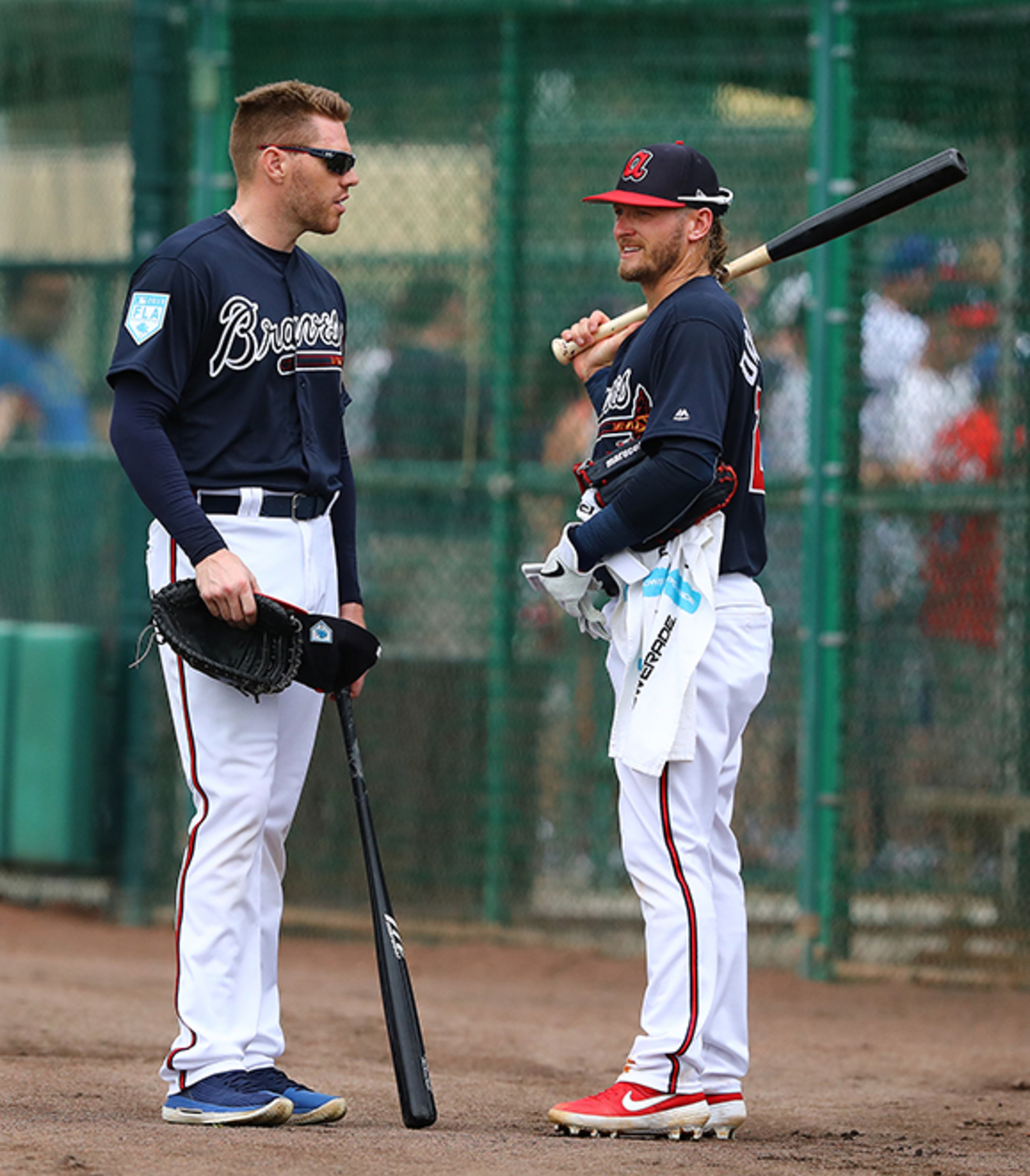Atlanta Braves first baseman Freddie Freeman and third baseman Josh Donaldson prepare to take batting practice together during the first full squad workout at spring training Thursday, Feb. 21, 2019, in the ESPN Wide World of Sports Complex in Lake Buena Vista, Fla.