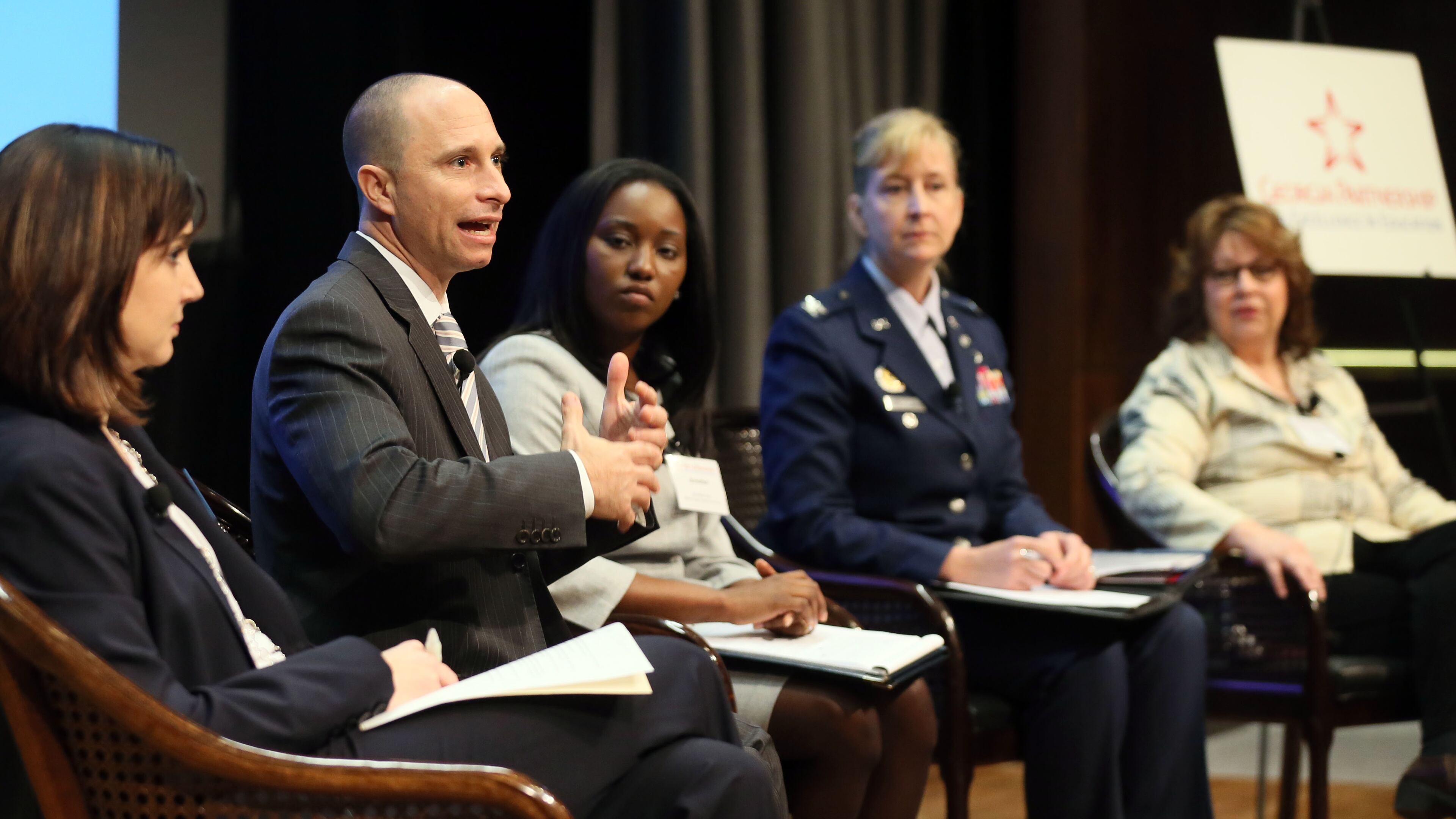 From left, Dana Rickman, Michael Petrilli, Jemelleh Coes, Col. Patricia Mauldin Ross and Robyn Oatley during the Georgia Partnership For Excellence In Education’s Critical Issue Forum in 2013. The Partnership will present its list of the state’s top ten education issues for the coming year today. PHIL SKINNER / PSKINNER@AJC.COM