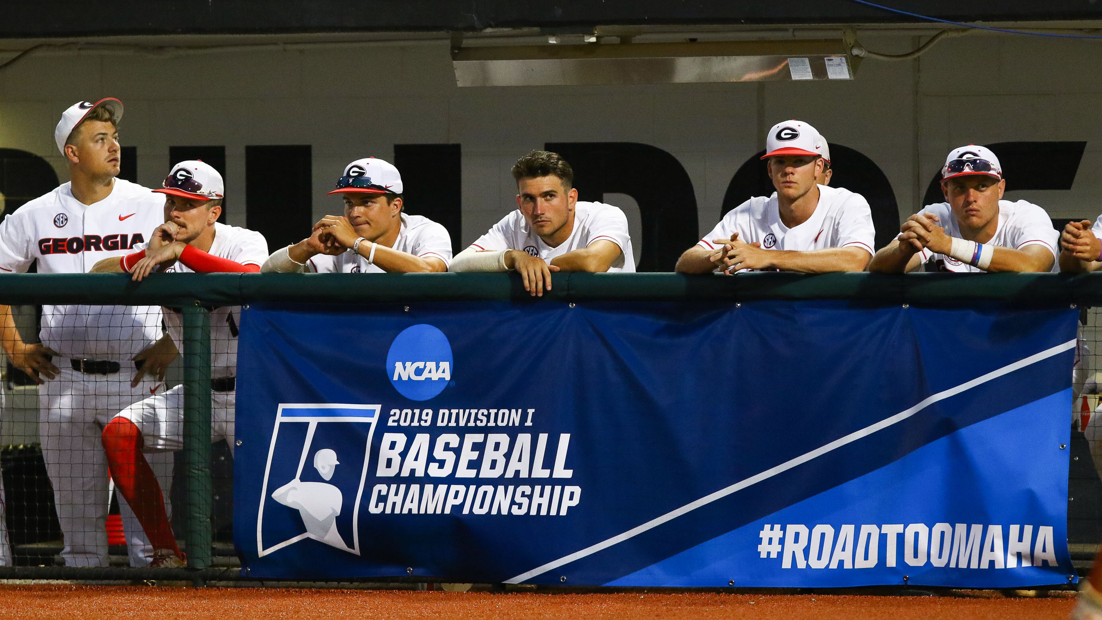 Georgia baseball players watch with dim hope as Florida State built a staggering 10-1 lead in NCAA regional elimination game Sunday, June 2, 2019, in Athens.