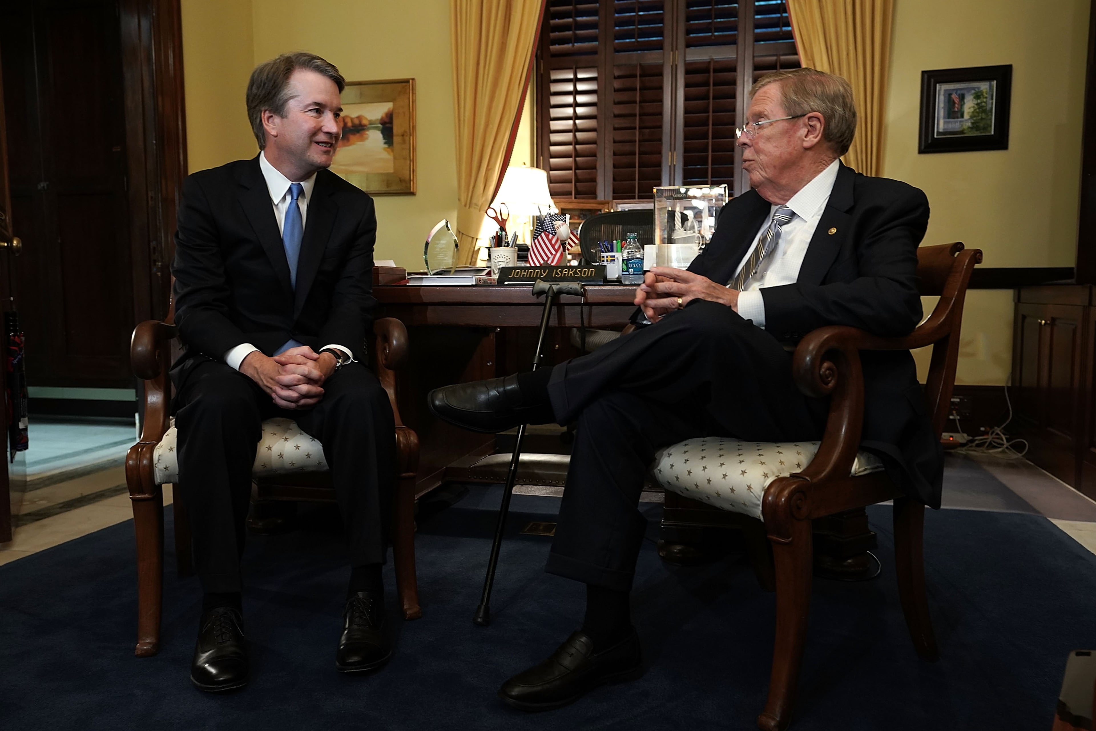 U.S. Sen. Johnny Isakson, R-Ga., right, meets with Supreme Court nominee Judge Brett Kavanaugh in his office on Capitol Hill on July 17, 2018 . (Photo by Alex Wong/Getty Images)