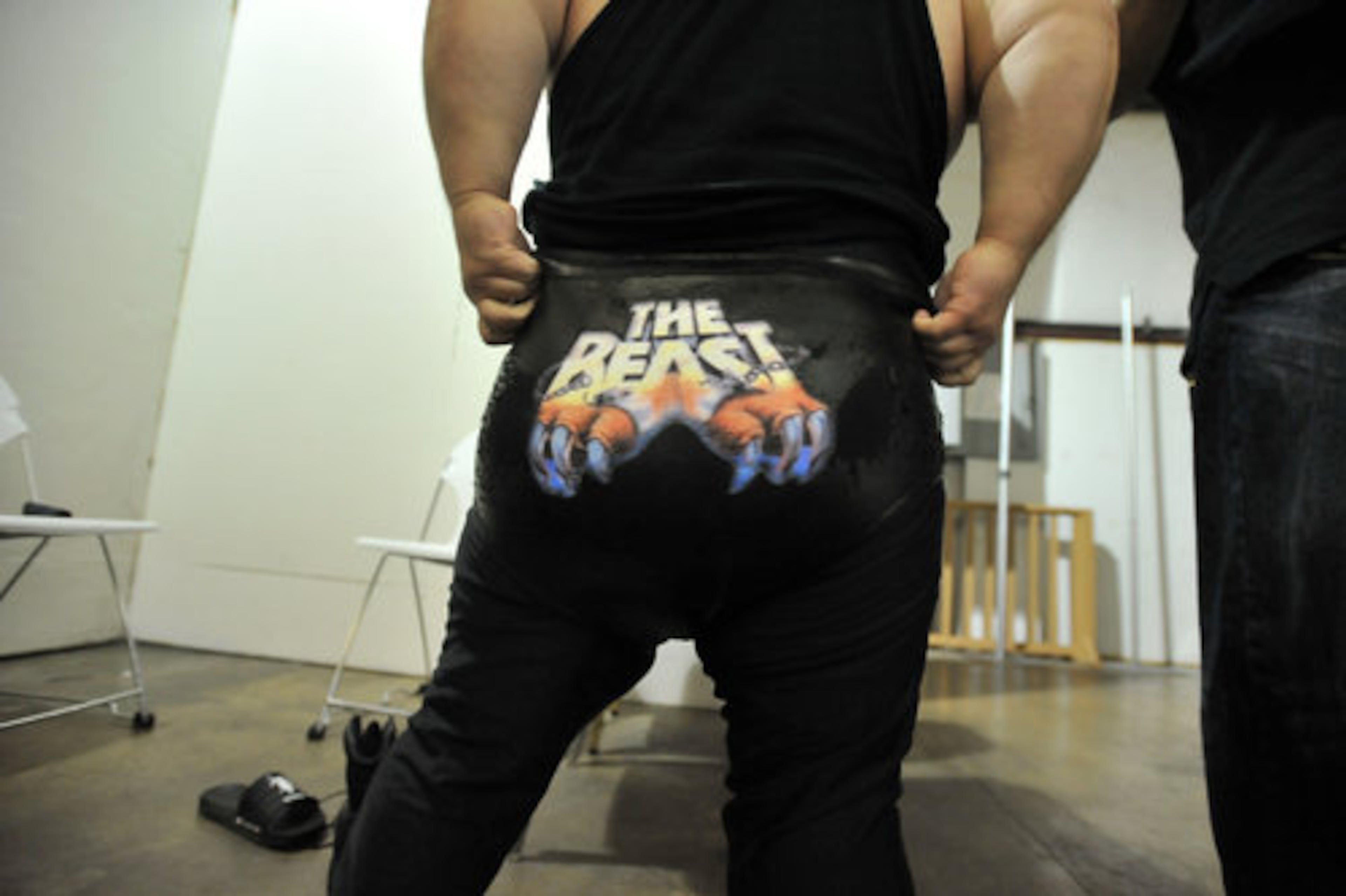 Tim Arnett's wrestling tights let everyone know with whom they're dealing.