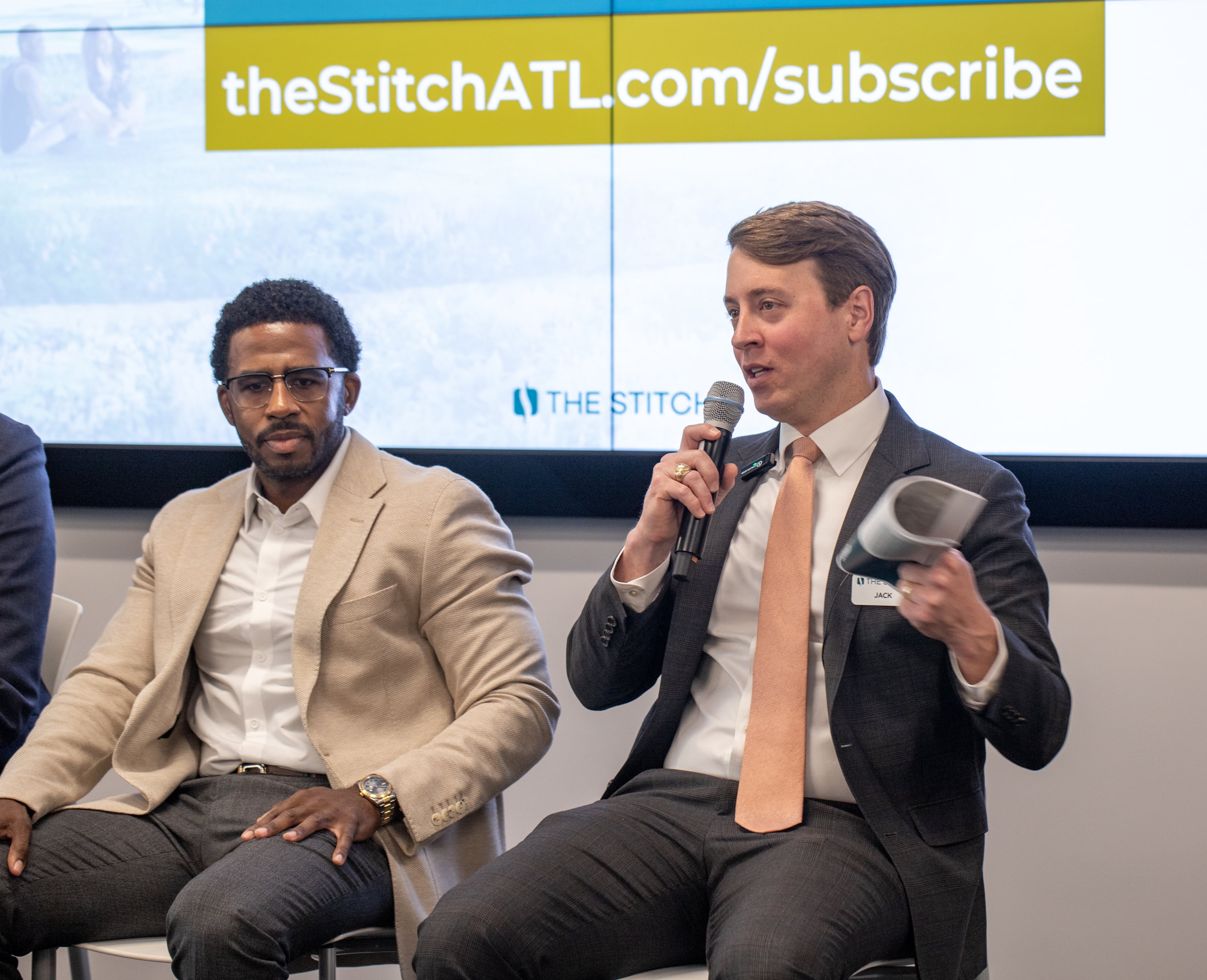 Jack Cebe (right), CEO and president of Atlanta Downtown Stitch Inc., speaks during an event on Wednesday, Oct 23, 2024. The Stitch will reuse stormwater for park irrigation, mitigate flood-related traffic and improve the city’s sewer system, Cebe says. (Jenni Girtman for the AJC)