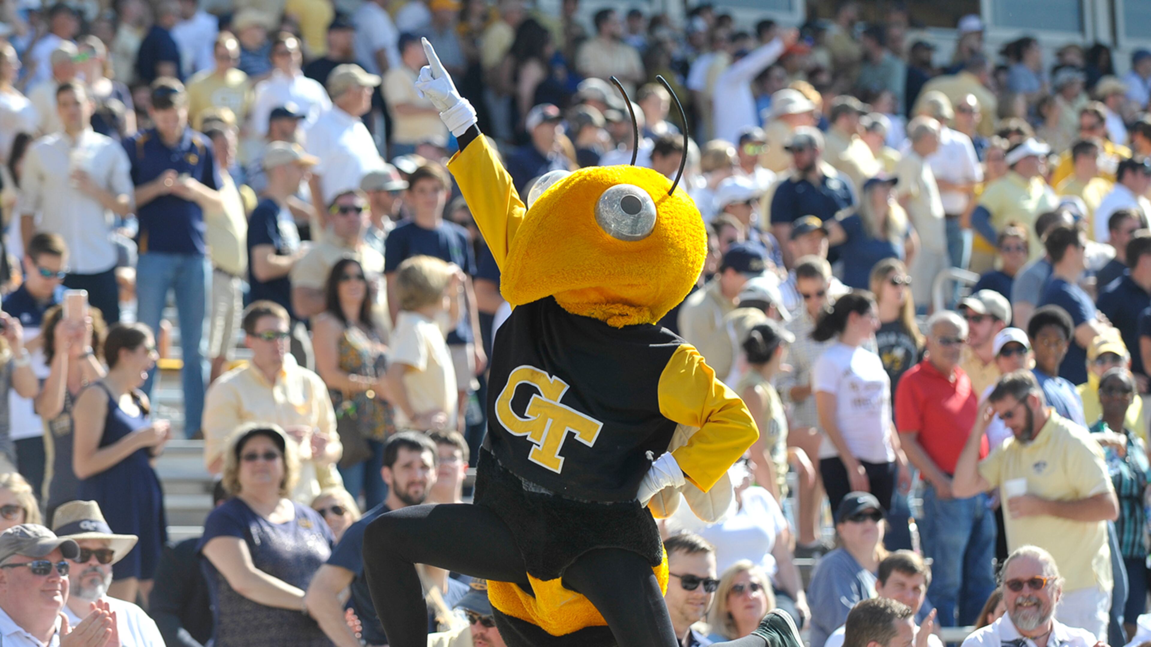 Mascot Buzz gestures to the Tech crowd after performing push ups during a football game. SPECIAL/Daniel Varnado