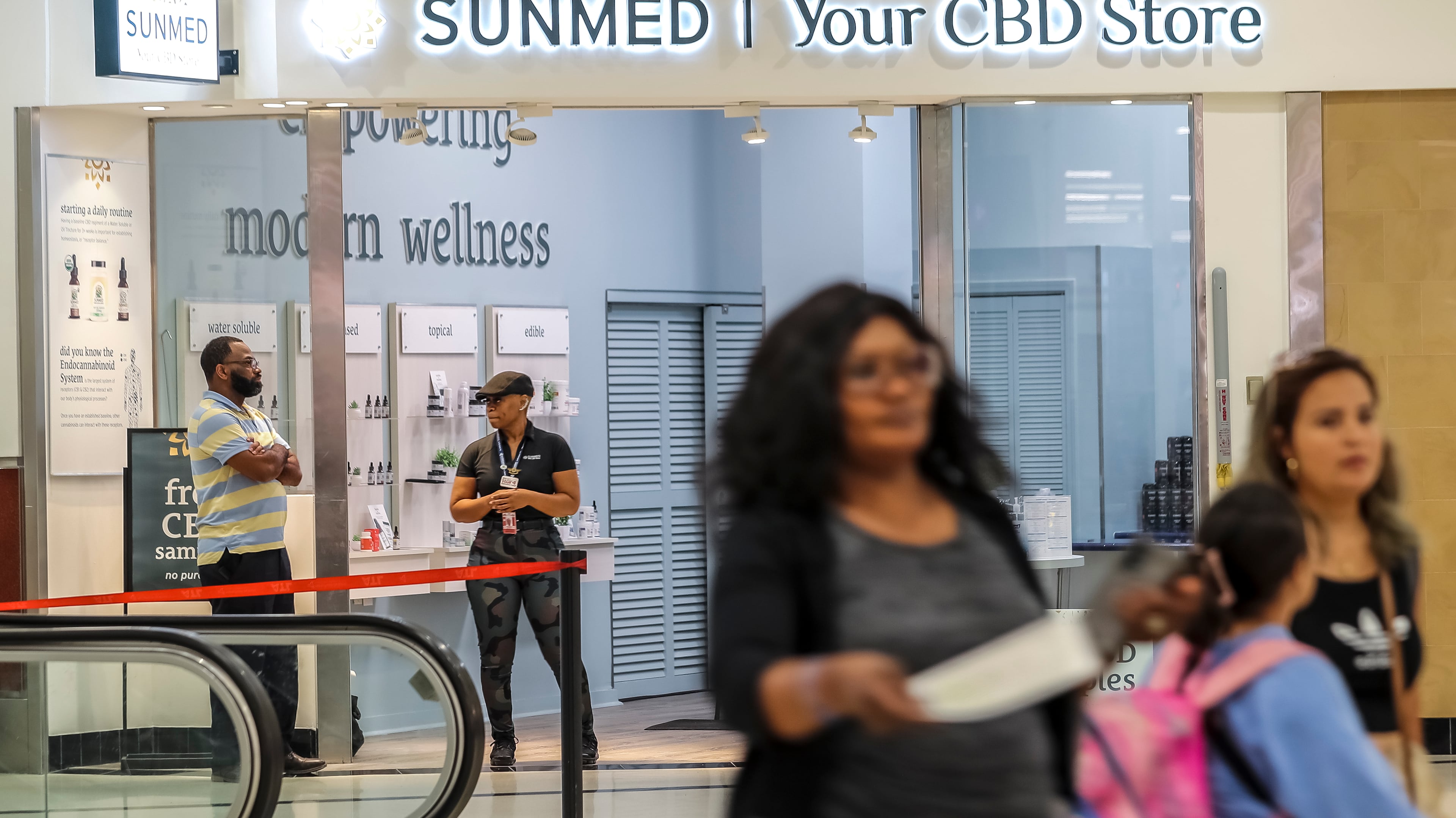 August 31, 2023 Atlanta: Sunmed | Your CBD Store has opened at Hartsfield-Jackson International Airport. Such products are already sold in stores across Georgia but state officials emphasize that the FDA still prohibits the use of CBD oil in food and dietary supplements. CBD is derived from hemp, a cousin of the marijuana plant that only contains a trace amount of THC. THC is what gives marijuana users a high. But the CBD products won’t be cheap. Changing laws that vary by state and differing levels of enforcement depending on the jurisdiction create gray areas for CBD particularly for travel. (John Spink / John.Spink@ajc.com)