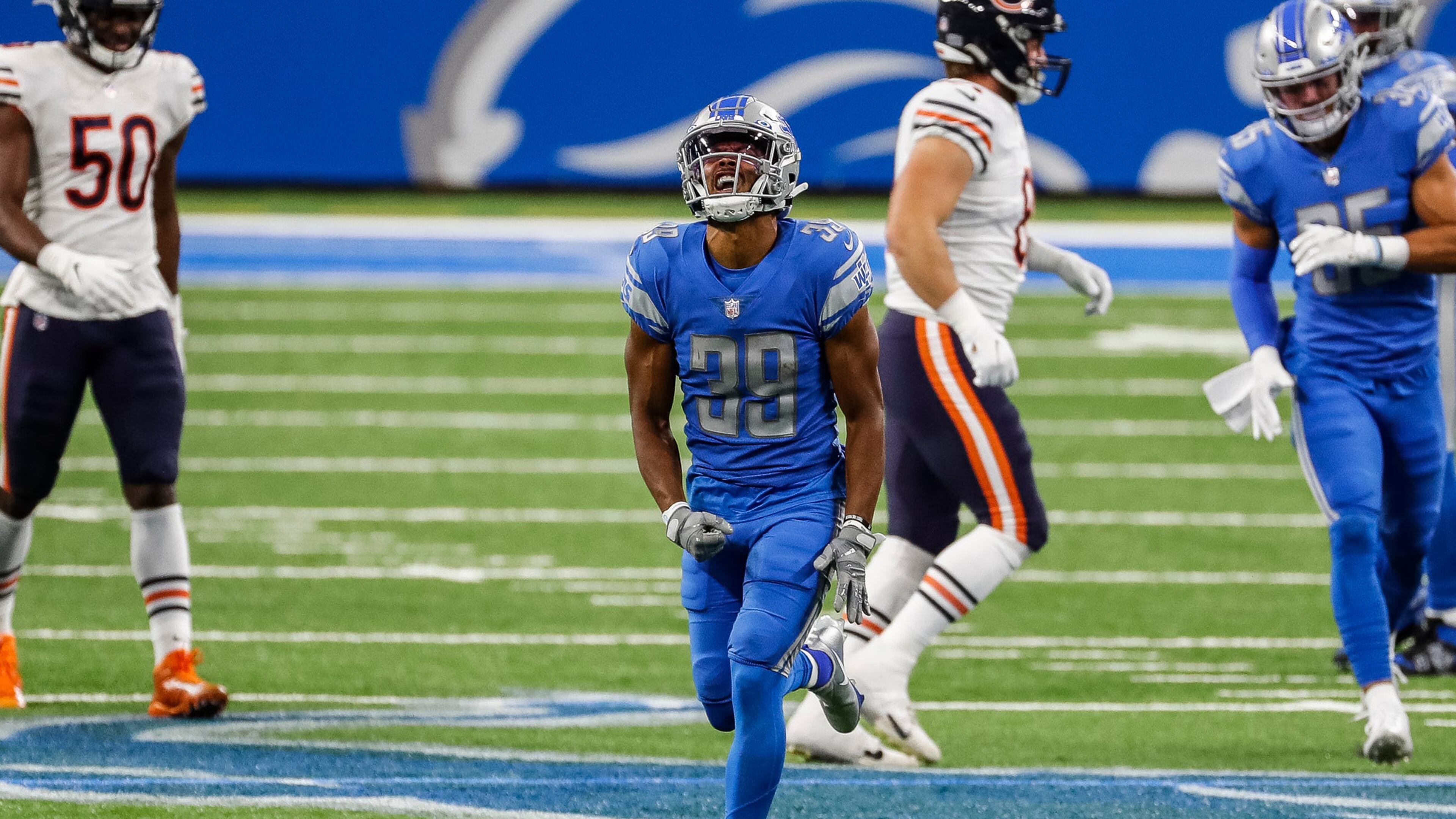 Detroit Lions wide receiver Jamal Agnew celebrates his punt return against the Chicago Bears during the first half on Sunday, Sept. 13, 2020 at Ford Field in Detroit, Michigan. (Junfu Han/Detroit Free Press/TNS)