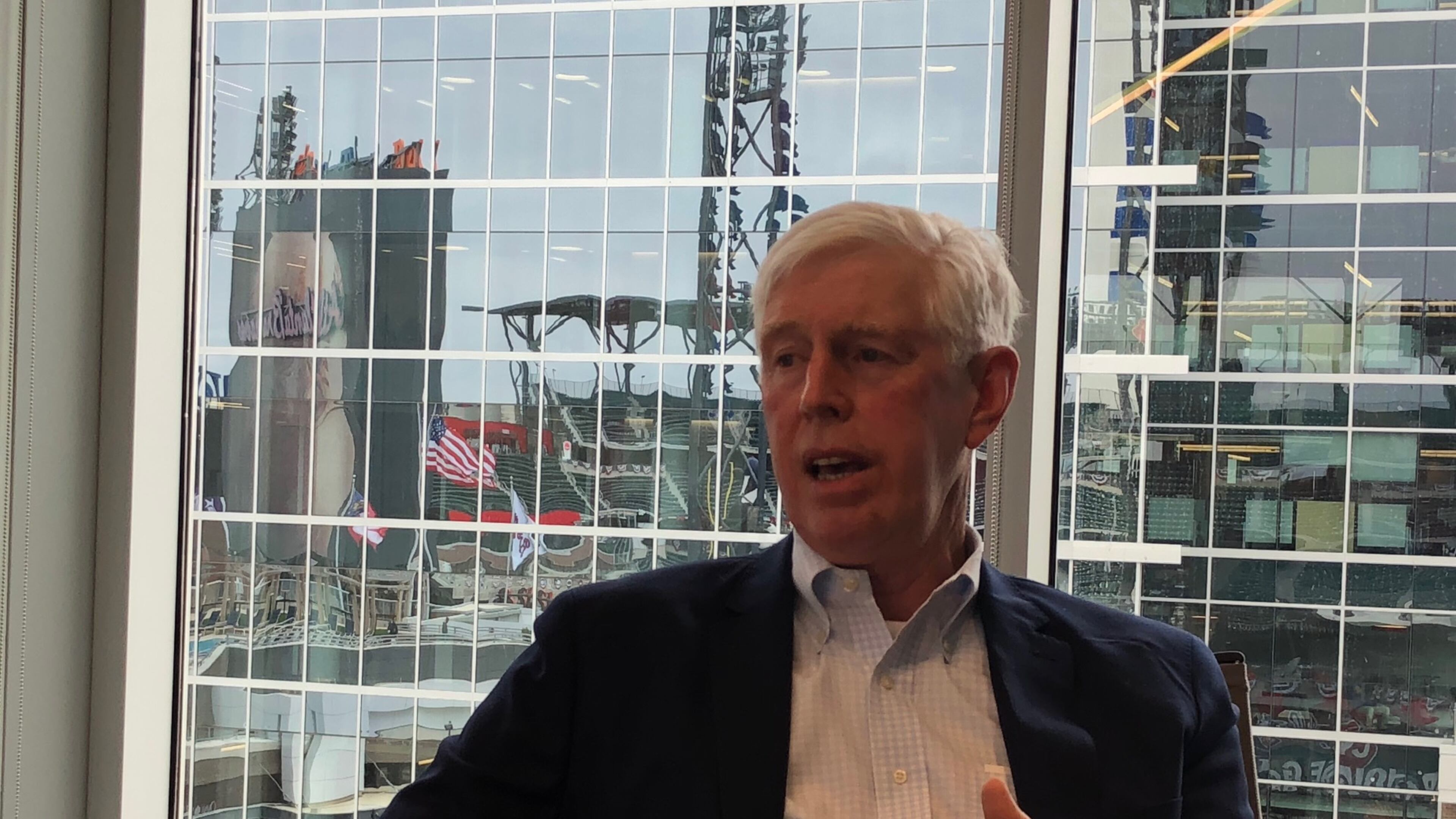 Braves Chairman Terry McGuirk meets with AJC reporters Tuesday.