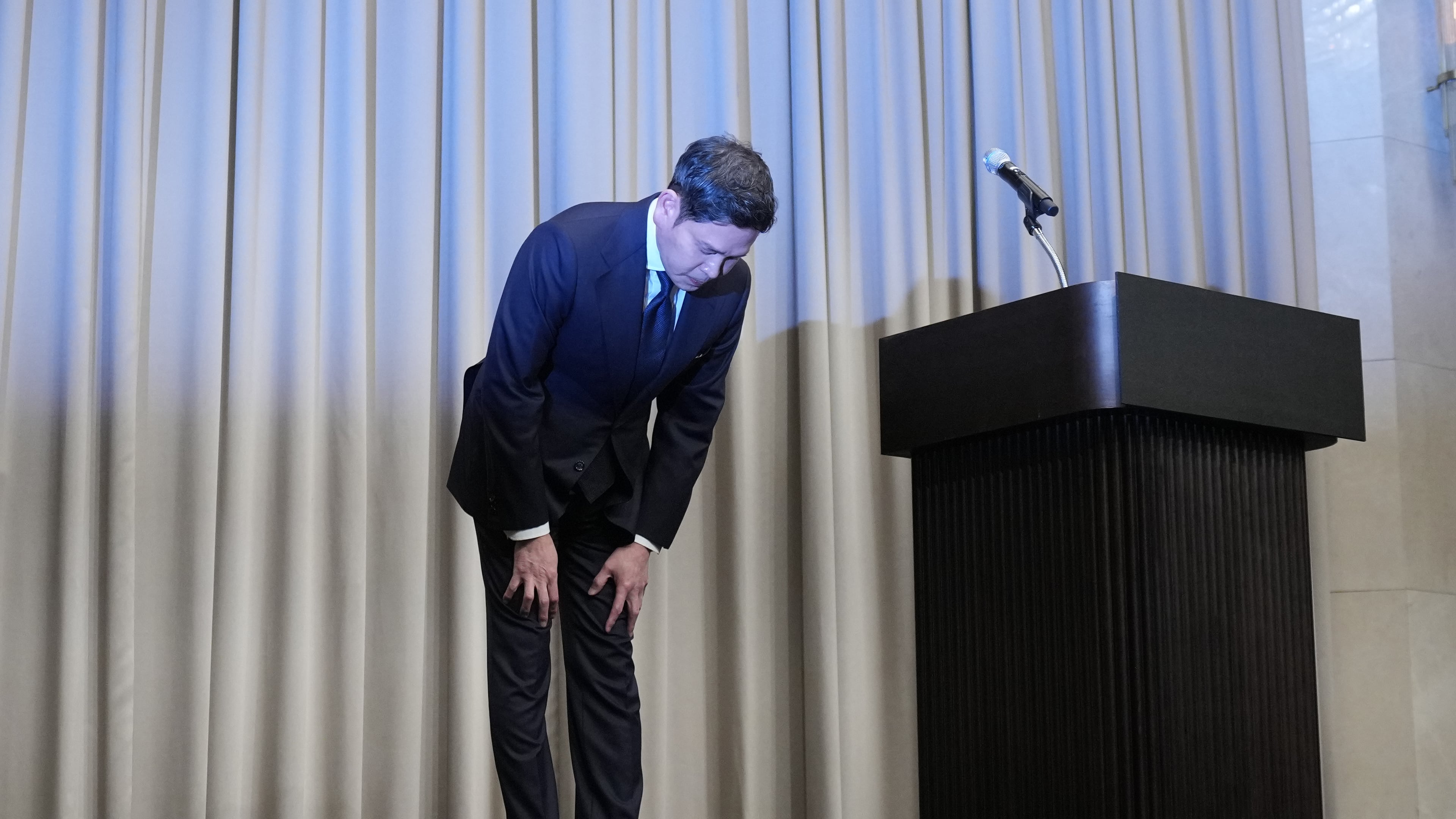 Chung Yong-jin, a chairman of Shinsegae Group, bows to apologize in Seoul, South Korea, Tuesday, May 26, 2026. (AP Photo/Lee Jin-man)