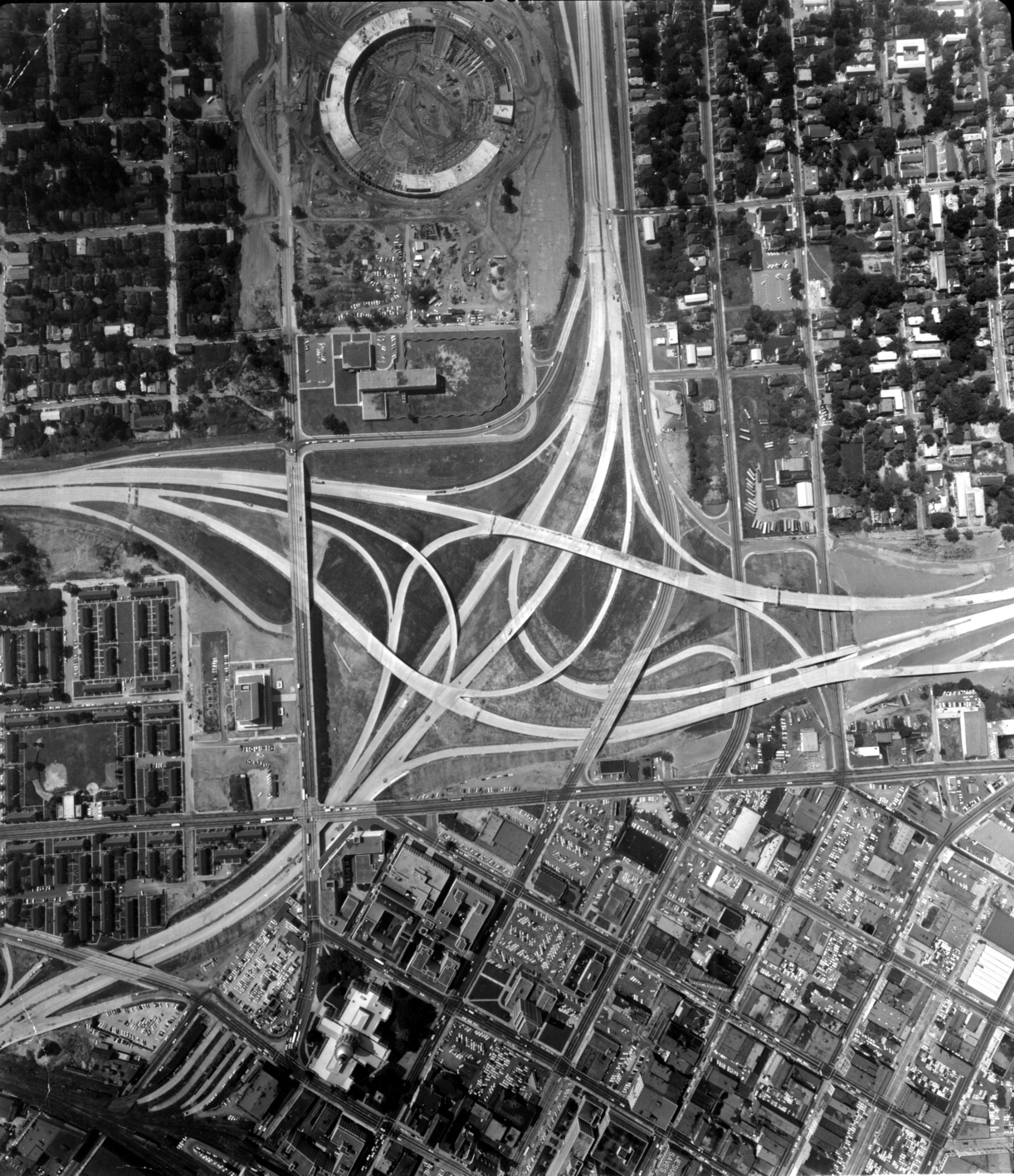Aug. 18, 1964Aerial view of downtown Atlanta, Ga. interstate system.New stadium construction (top) Georgia State Capitol Building (bottom)
