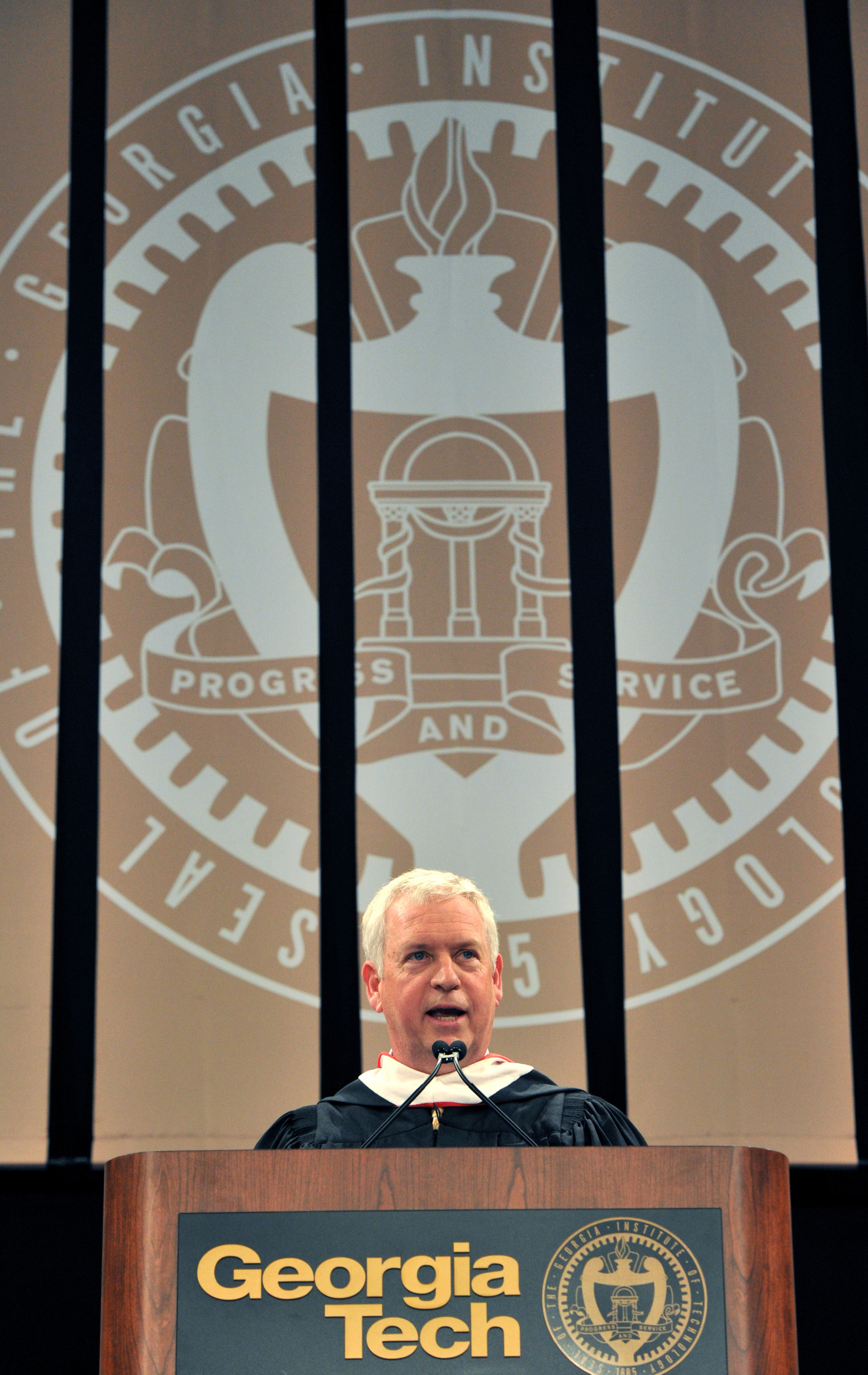 The editor of The Atlanta Journal-Constitution, Kevin Riley, gives the Commencement Address during the Bachelor's Ceremony during Spring 2013 Commencement at Georgia Tech's McCamish Pavilion on Saturday, May 4, 2013. HYOSUB SHIN / HSHIN@AJC.COM