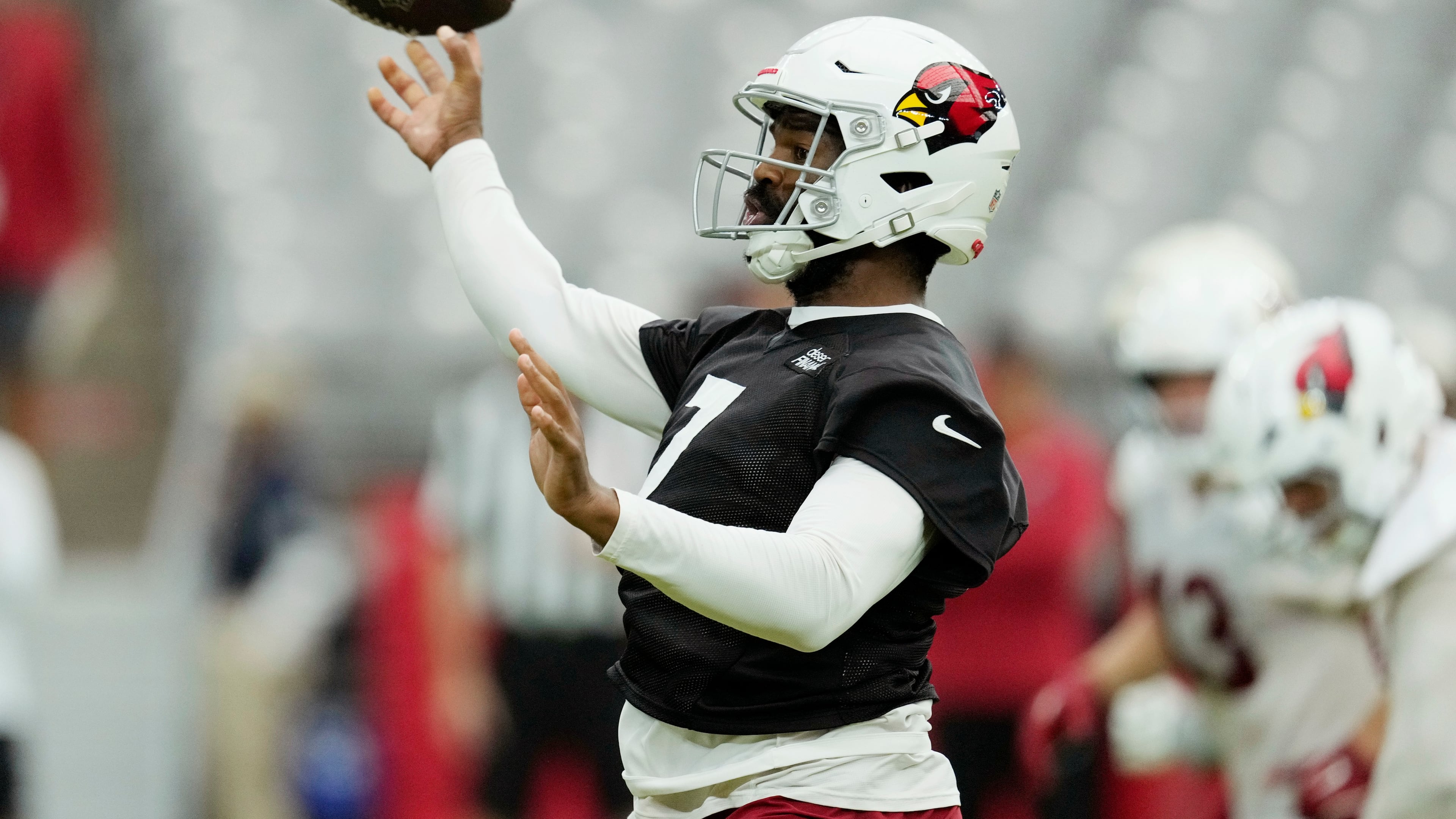 Arizona Cardinals quarterback Jacoby Brissett throws during NFL football training camp, Sunday, July 26, 2026, in Glendale, Ariz. (AP Photo/Ross D. Franklin)