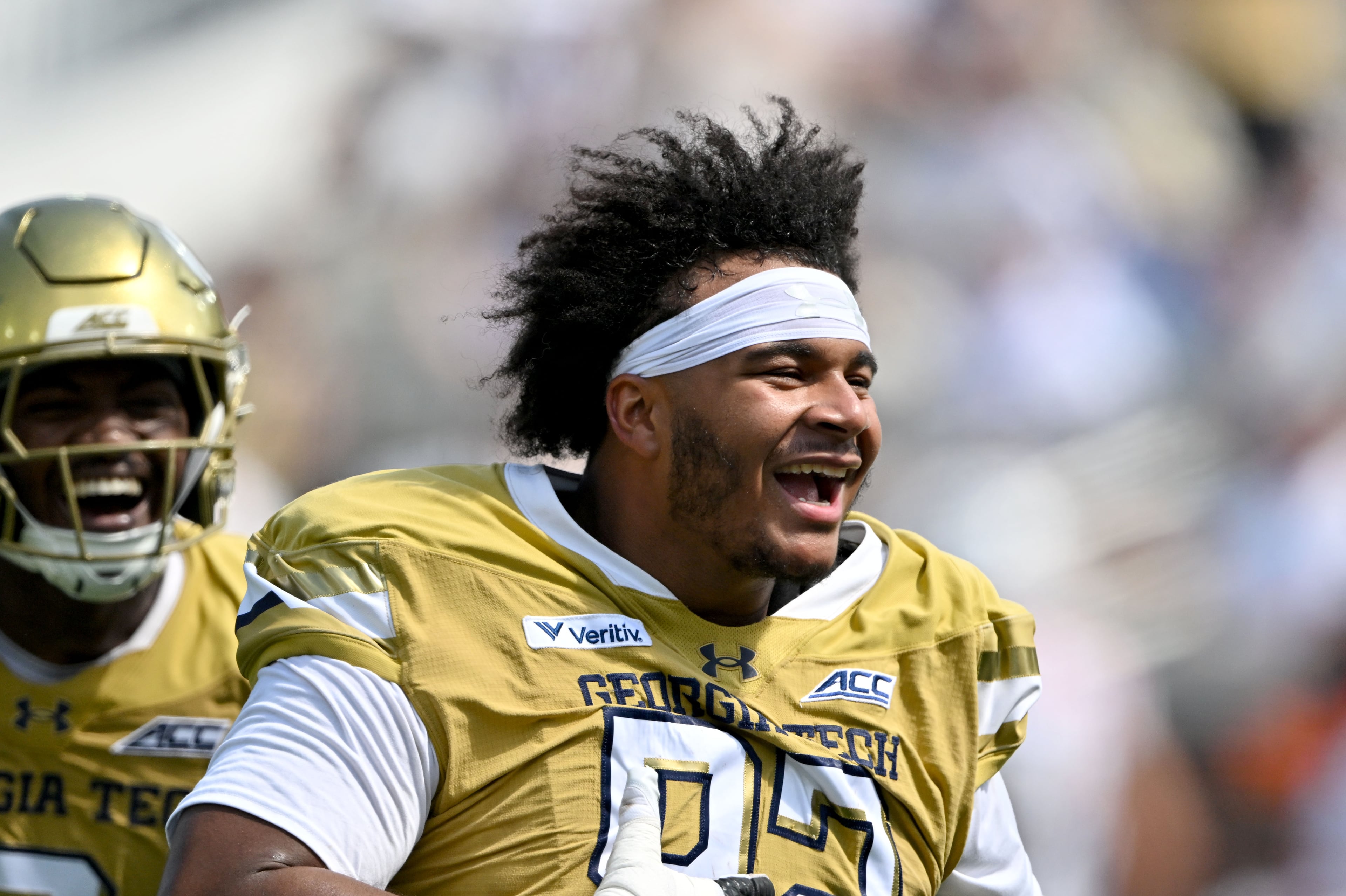 Georgia Tech defensive lineman Christian Speakman (92) celebrates after recovering a fumble during the first half in an NCAA college football game at Bobby Dodd Stadium on Saturday, Sept. 19, 2026, in Atlanta. (Hyosub Shin/AJC)