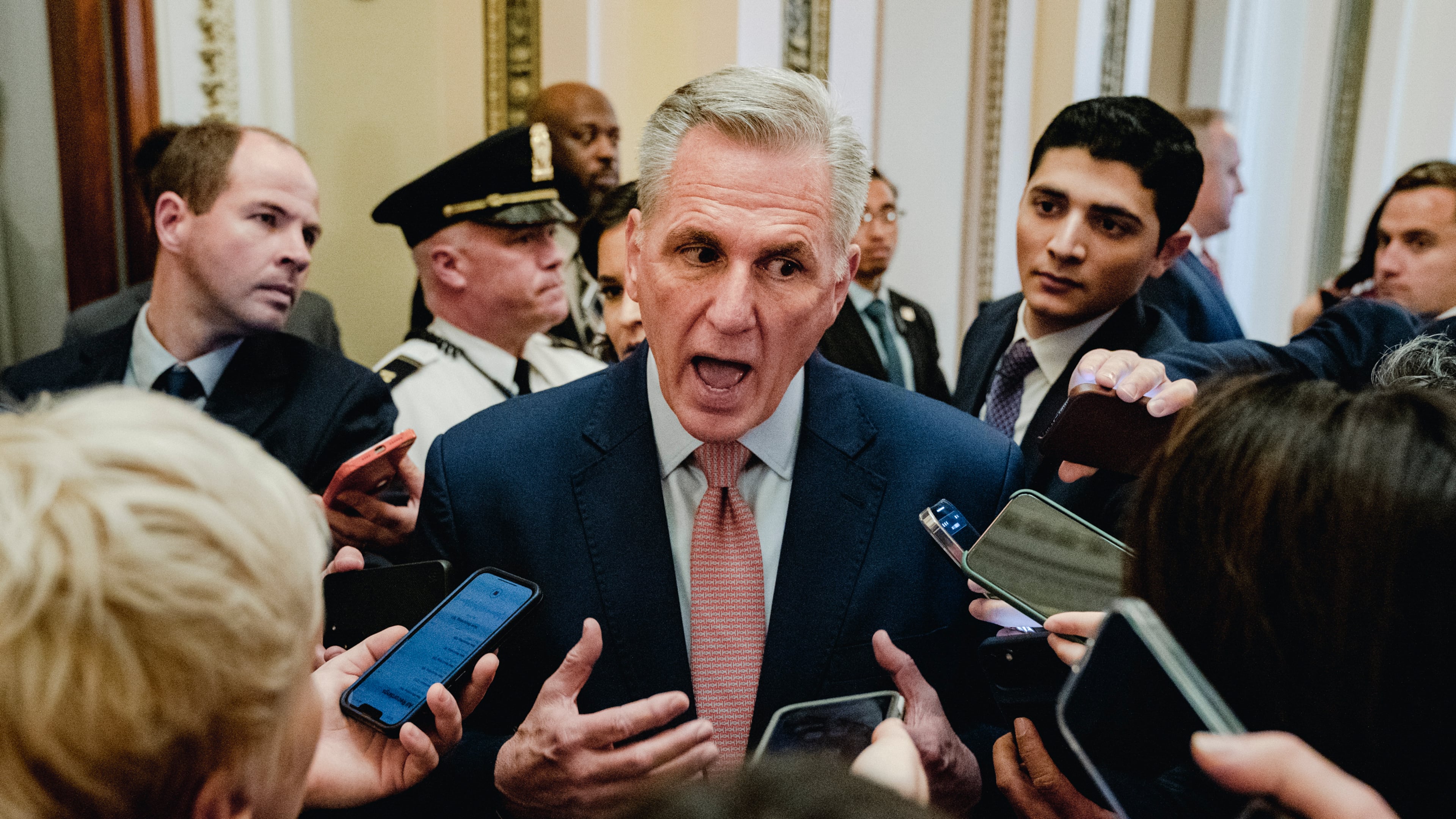 Rep. Kevin McCarthy (R-Calif.) speaks with reporters at the Capitol, in Washington on Tuesday, Jan. 3, 2022. McCarthy was poised on Tuesday to lose his first vote for speaker and hunker down for a pitched battle for the top job in the House, amid a rebellion among hard-right lawmakers that left it up for grabs at the dawn of the new Republican majority. (Shuran Huang/The New York Times)