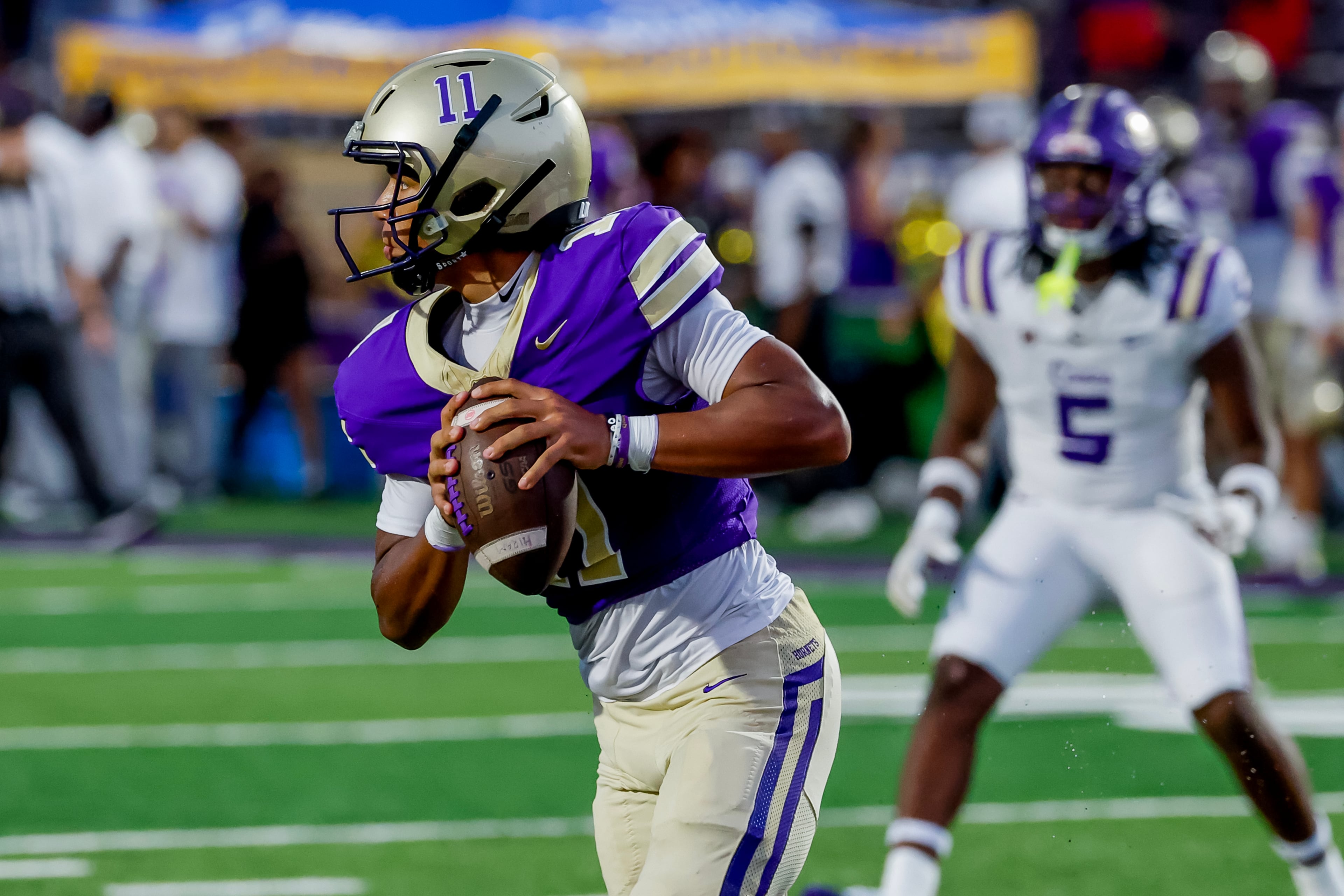 Hiram quarterback Jordan Thomas drops back against Cartersville during the first half of their game on Friday, Aug. 21, 2026, in Hiram. (Erik S. Lesser for the AJC)