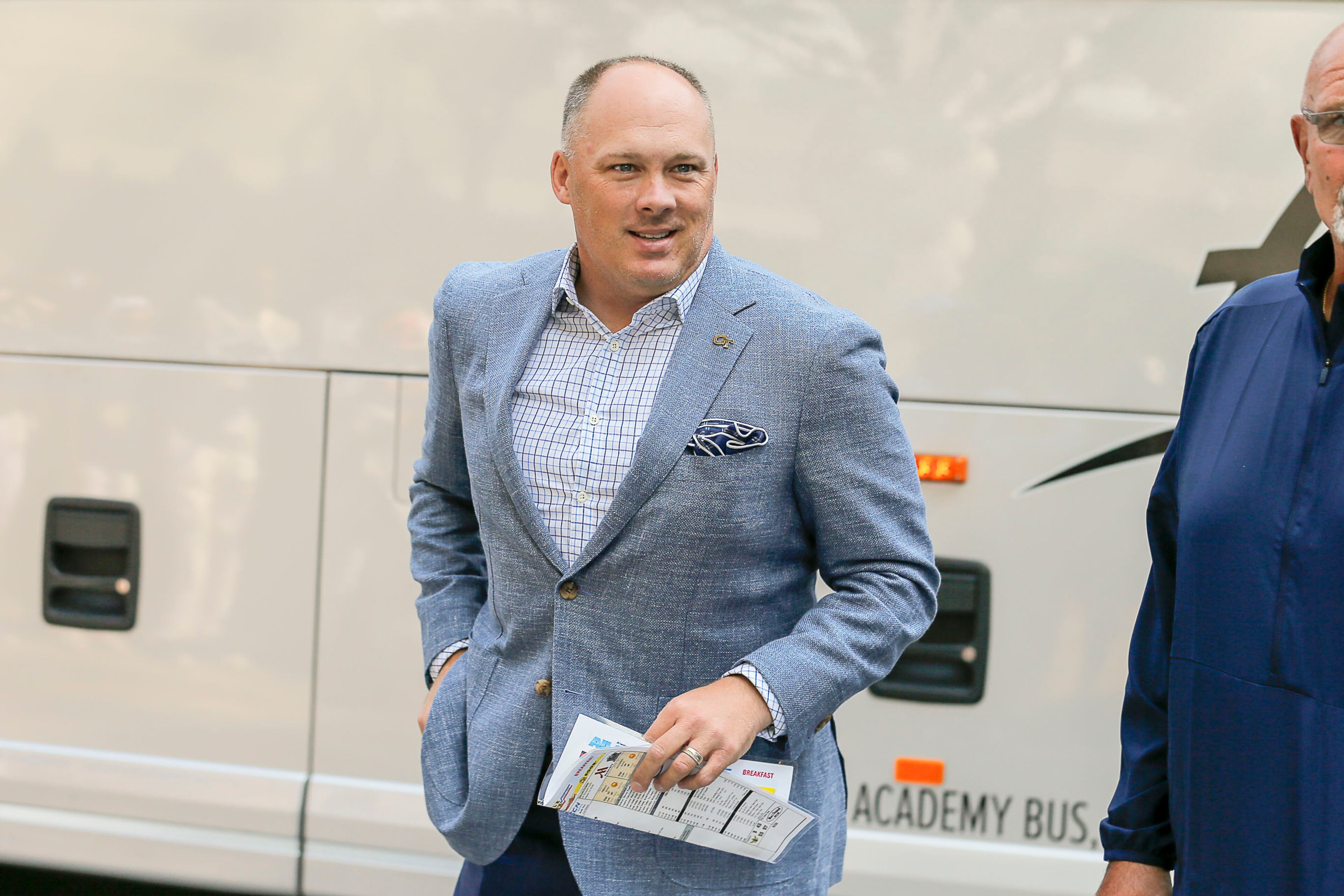 Georgia Tech Yellow Jackets head coach Geoff Collins exits the team bus. (Alyssa Pointer/alyssa.pointer@ajc.com)