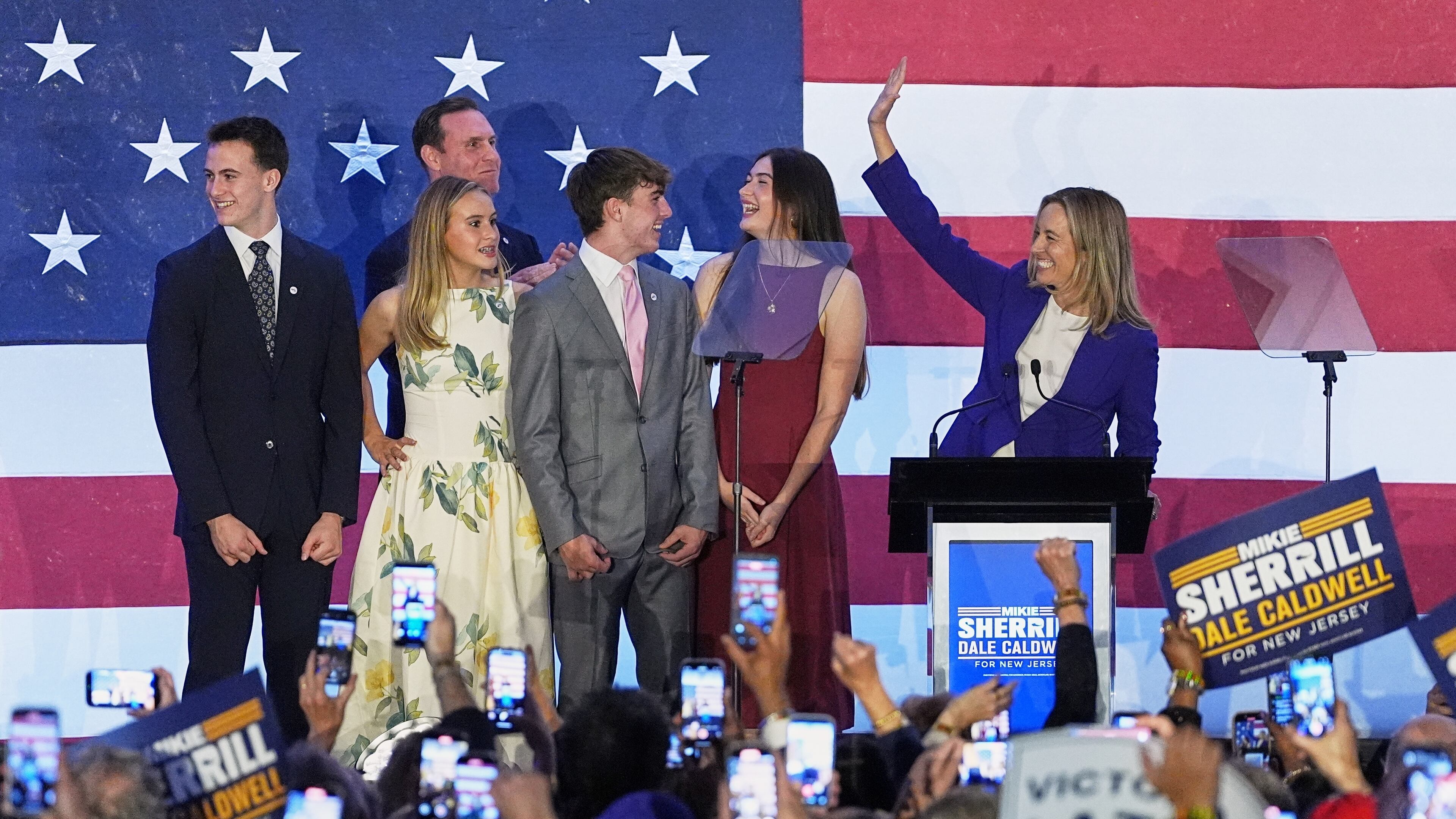 New Jersey Democratic gubernatorial candidate Mikie Sherrill speaks during an election night party in East Brunswick, N.J., Tuesday, Nov. 4, 2025. (AP Photo/Matt Rourke)