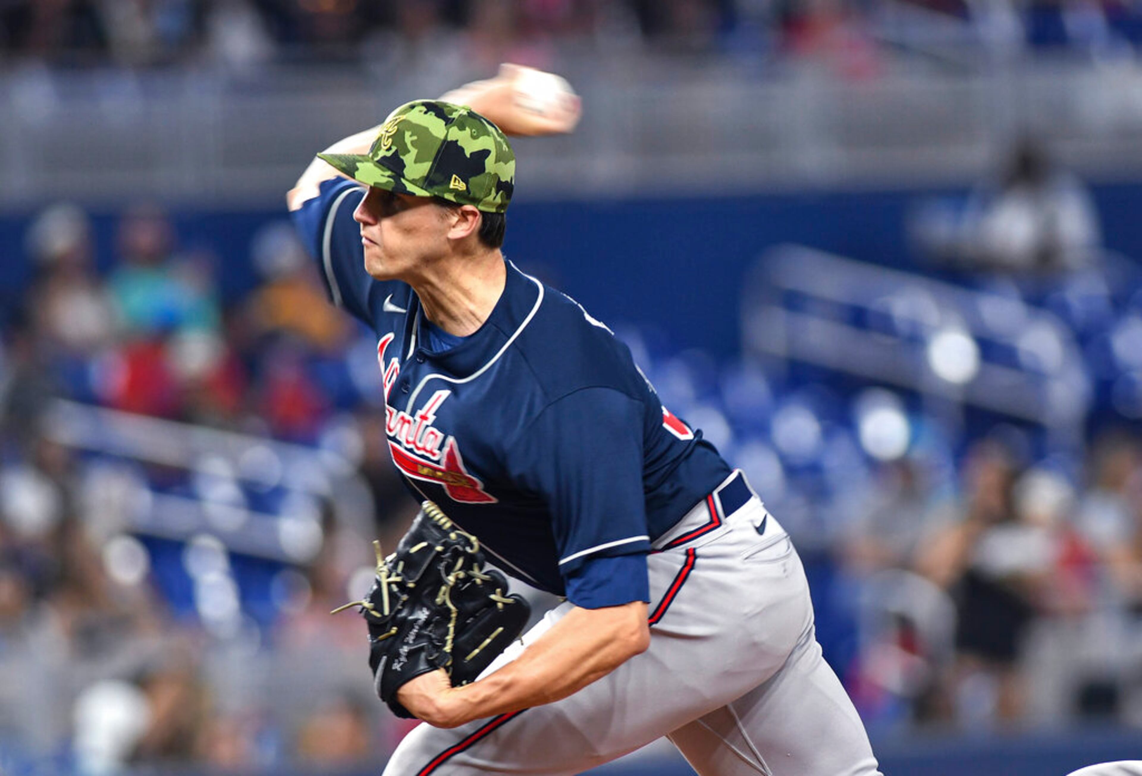 Atlanta Braves starting pitcher Kyle Wright throws during the first inning of the team's baseball game against the Miami Marlins, Saturday, May 21, 2022, in Miami. (AP Photo/Gaston De Cardenas)