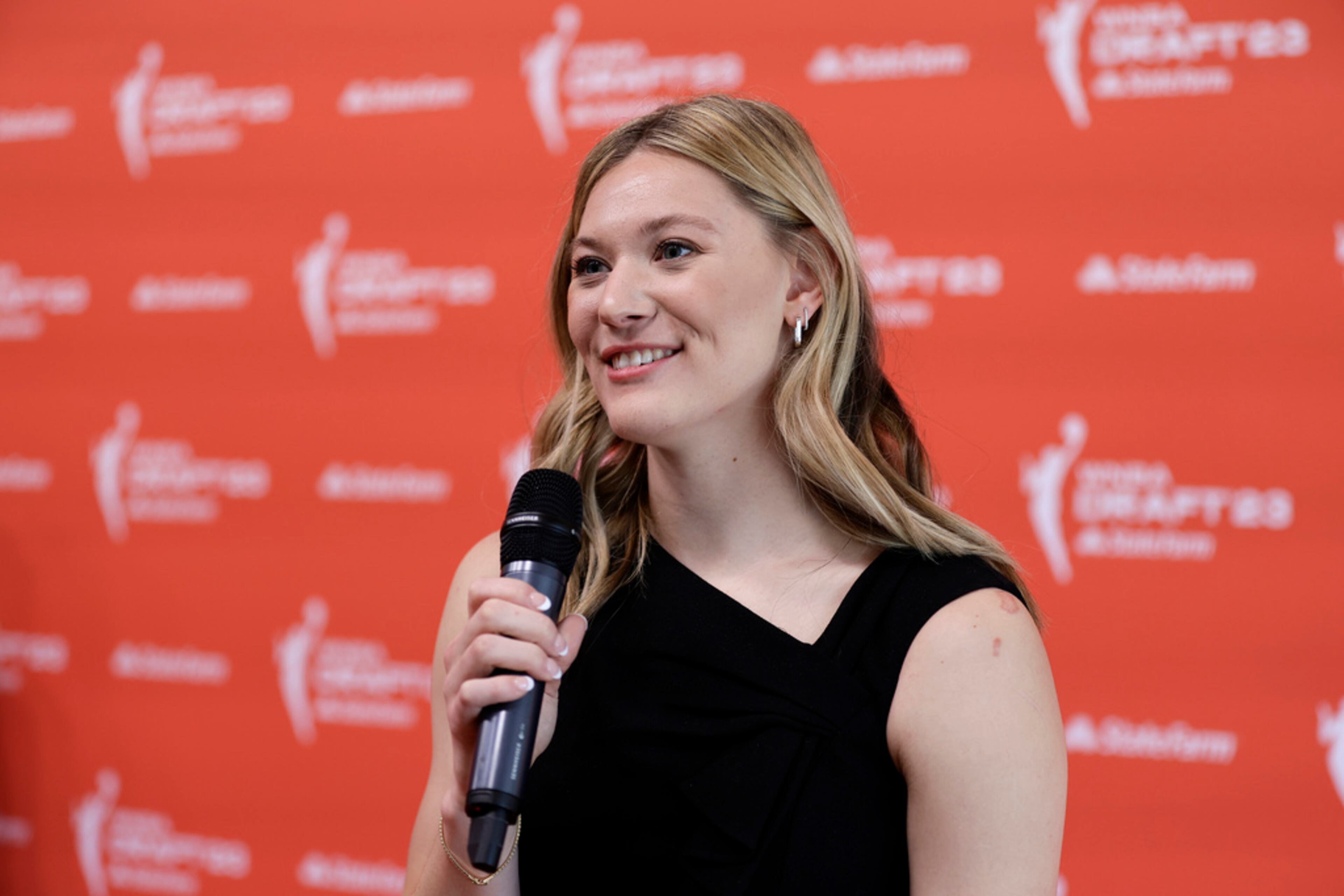 Iowa State's Ashley Joens speaks to media at the WNBA basketball draft Monday, April 10, 2023, in New York. (AP Photo/Adam Hunger)