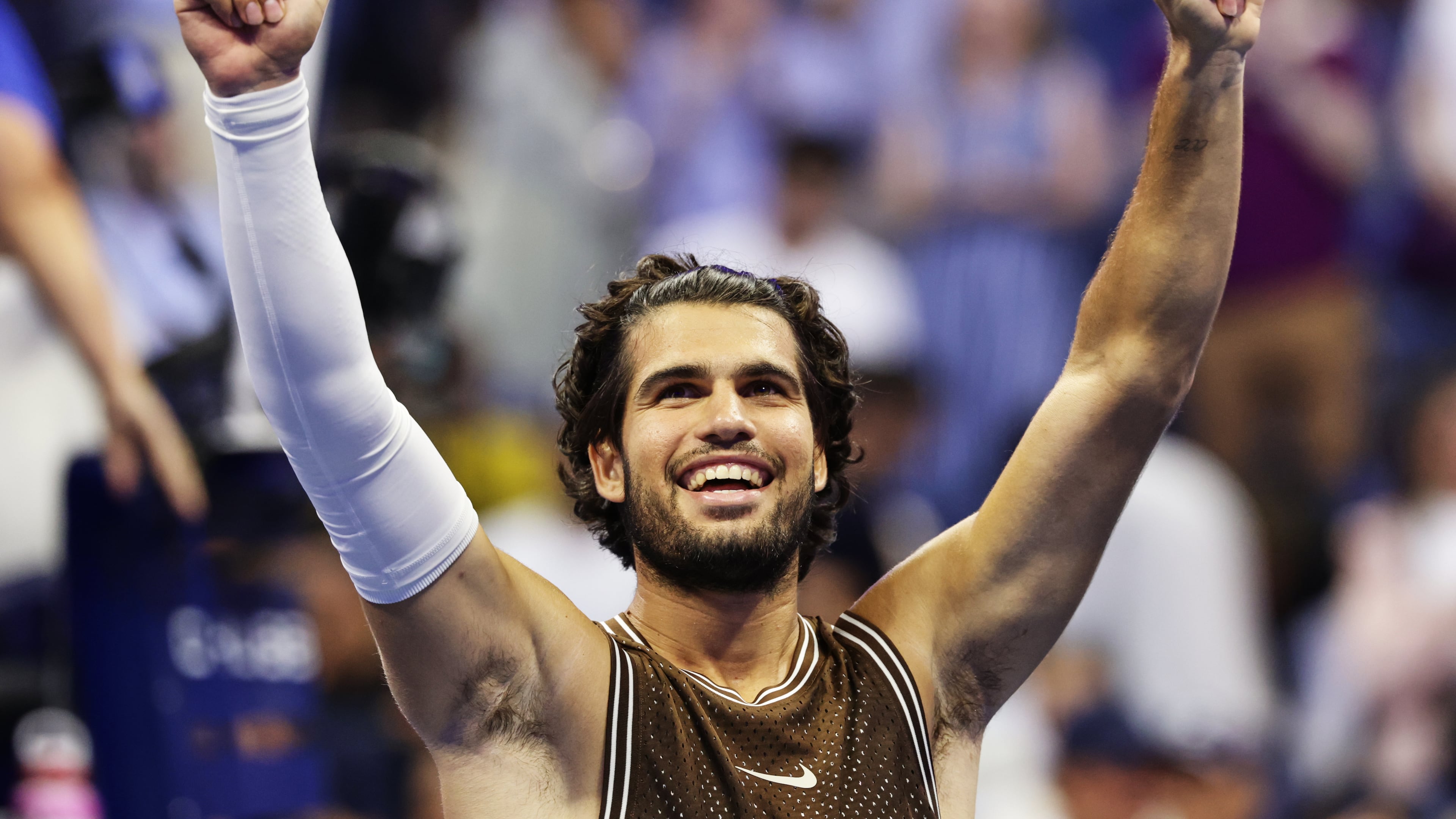 Carlos Alcaraz, of Spain, celebrates winning a match against Jaime Faria, of Portugal, during the second round of the U.S. Open tennis championships, Wednesday, Sept. 2, 2026, in New York. (AP Photo/Adam Hunger)