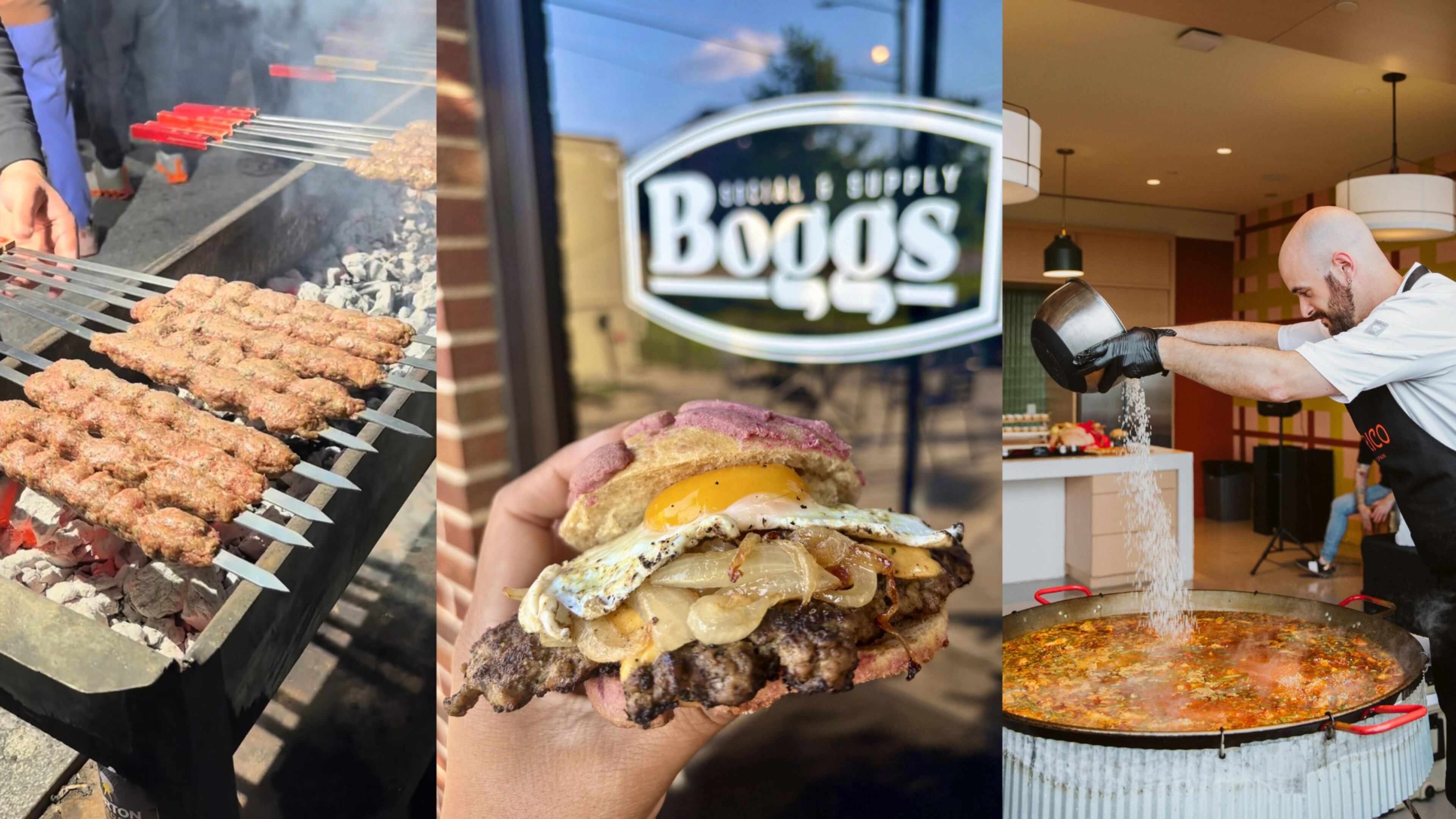 From left: Palestinian ground lamb and beef kabobs from Master Butcher Halal Meat (Courtesy of Travel Foodie Ishy); Buen Provecho and Loko Eatz’s concha breakfast smash burger (Courtesy of Teresa Martinez); and Saberico’s Pedro Porras. (Courtesy of Stephany Barboza)