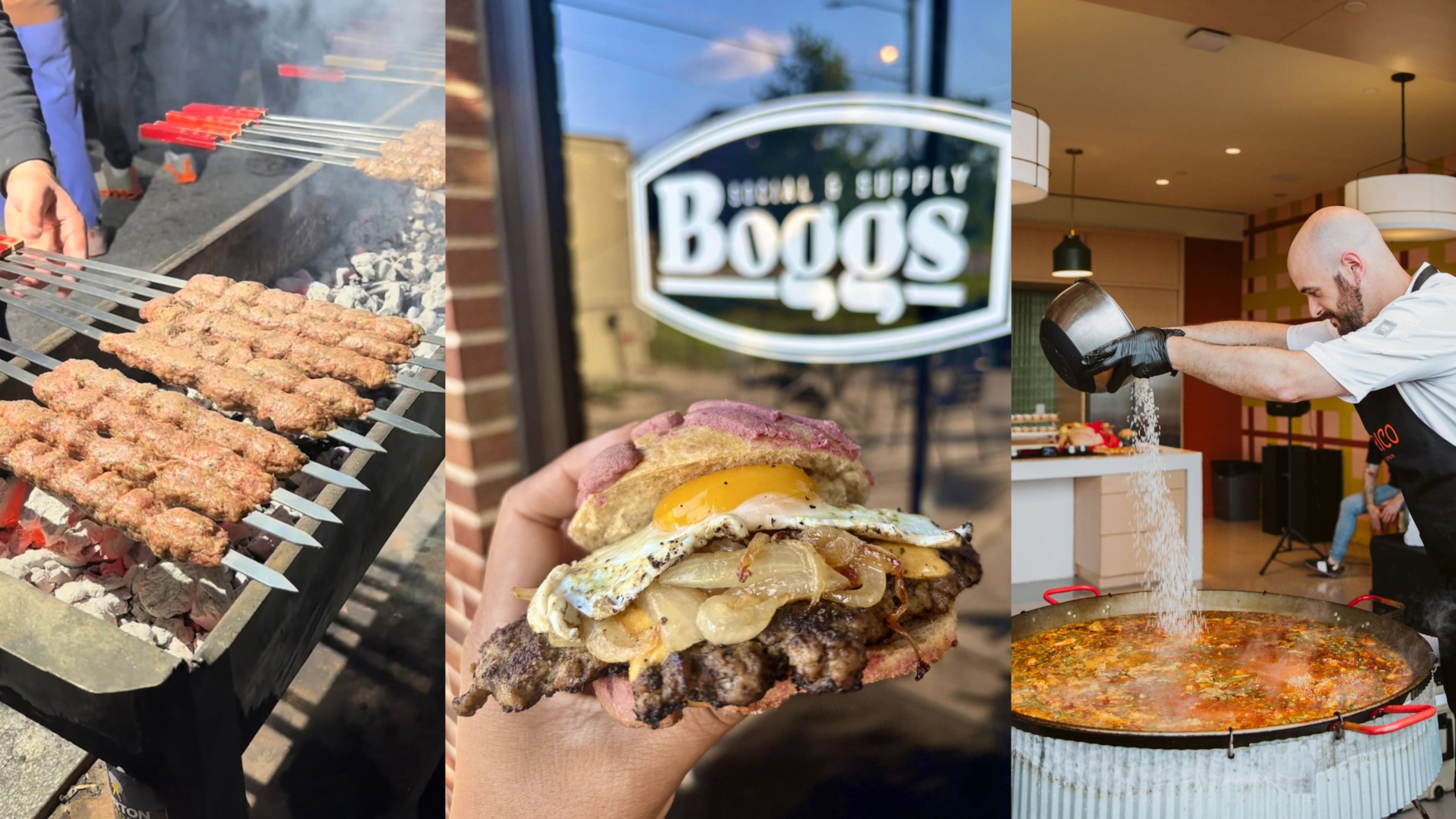 From left: Palestinian ground lamb and beef kabobs from Master Butcher Halal Meat (Courtesy of Travel Foodie Ishy); Buen Provecho and Loko Eatz’s concha breakfast smash burger (Courtesy of Teresa Martinez); and Saberico’s Pedro Porras. (Courtesy of Stephany Barboza)