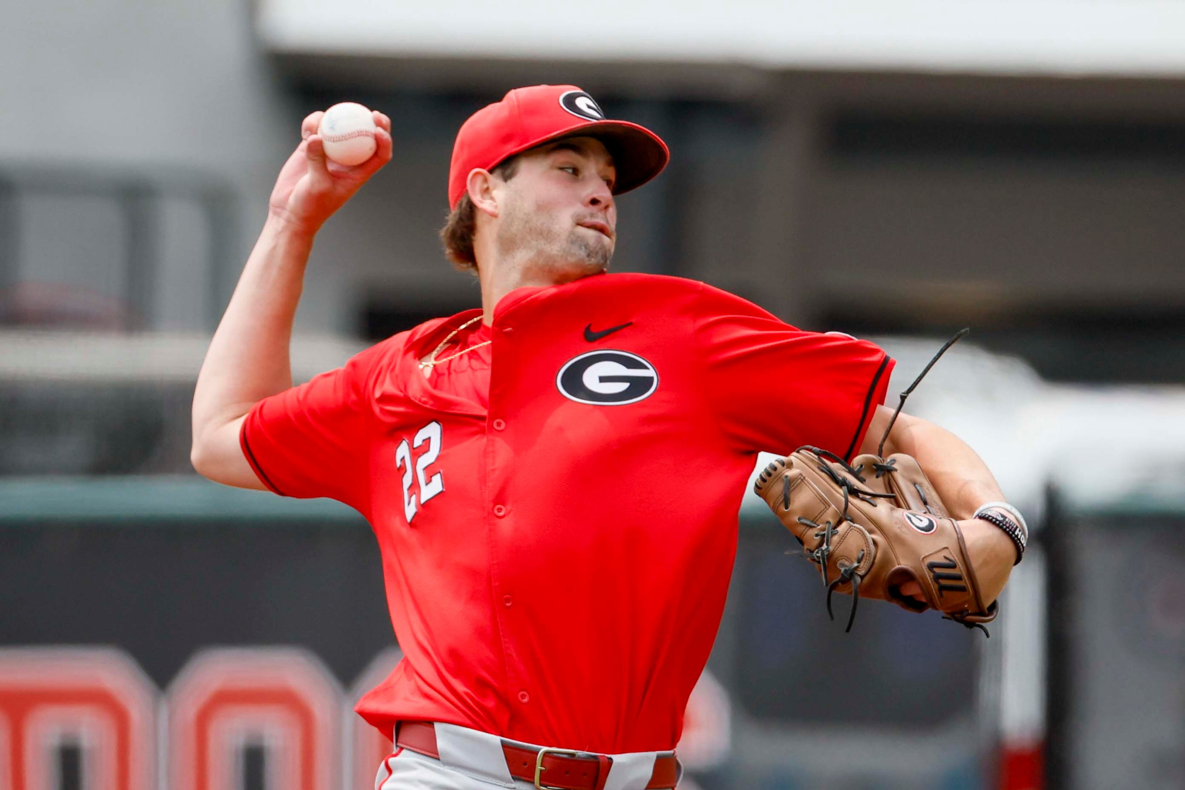 Georgia starting pitcher JT Quinn 22 delivers to an Oklahoma State batter during the second inning in their NCAA Regional game at Foley Field, Sunday, June 1, 2025, in Athens, Ga.
(Miguel Martinez/ AJC)