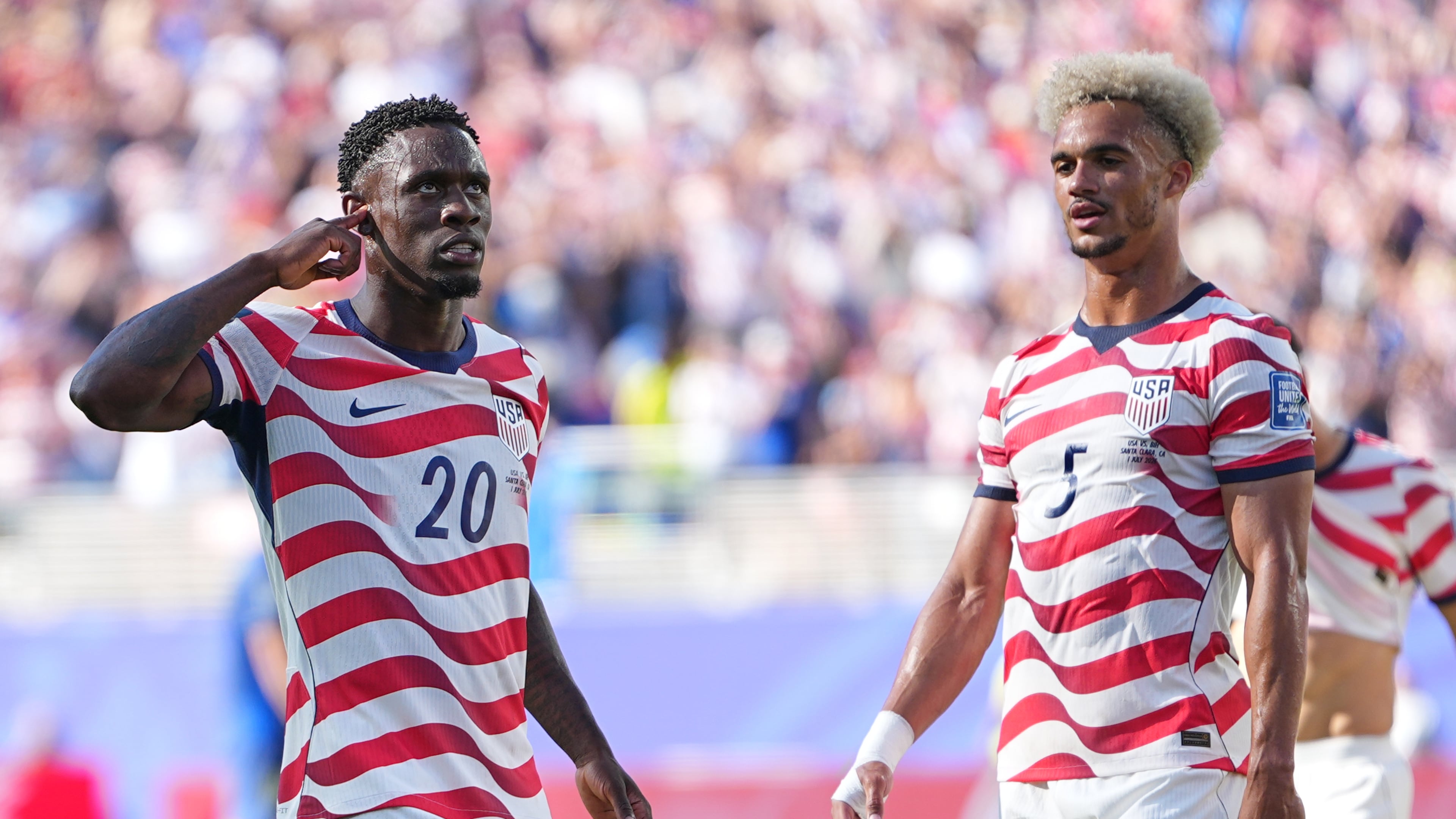 United States' Folarin Balogun (20) reacts after scoring his team's first goal during the World Cup round of 32 soccer match between the United States and Bosnia in Santa Clara, Calif., near San Francisco, Wednesday, July 1, 2026. (AP Photo/Julio Cortez)