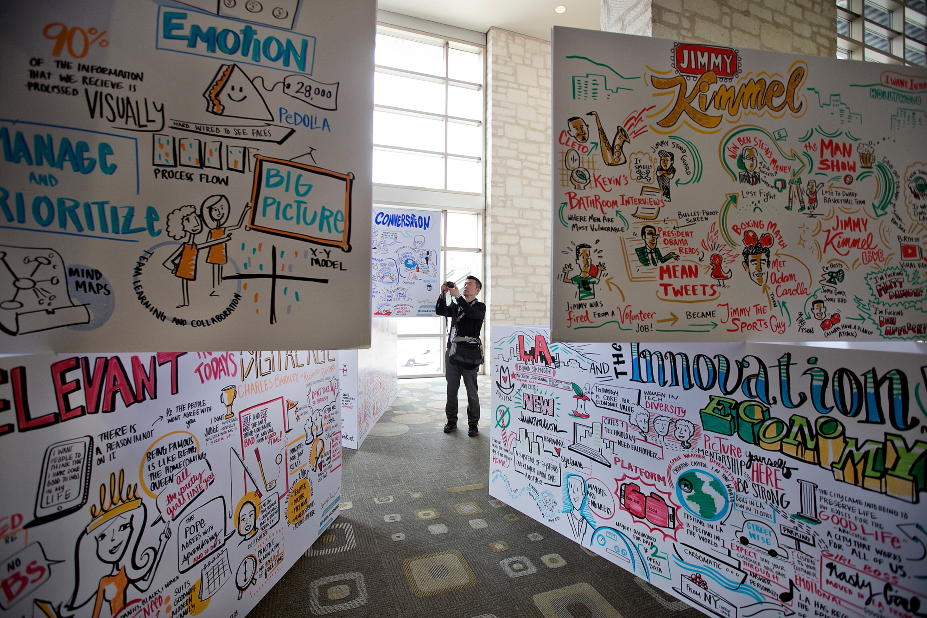 Takeo Inagaki takes photos of boards where artists have visualized the talks given during SXSW at the Austin Convention Center on Monday, March 16, 2015.