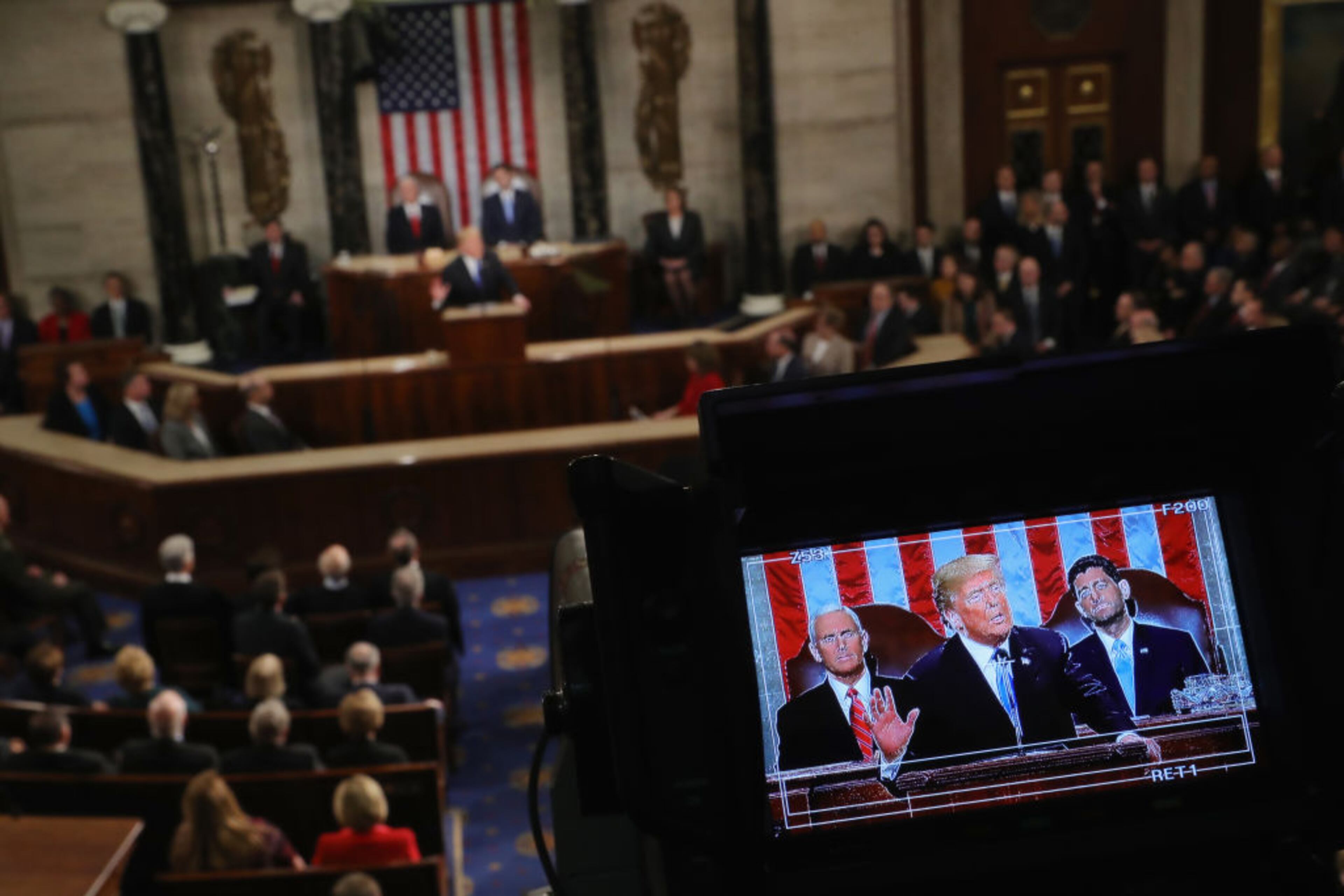 WASHINGTON, DC - JANUARY 30: U.S. President Donald J. Trump delivers the State of the Union address in the chamber of the U.S. House of Representatives January 30, 2018 in Washington, DC. This is the first State of the Union address given by U.S. President Donald Trump and his second joint-session address to Congress. (Photo by Chip Somodevilla/Getty Images)