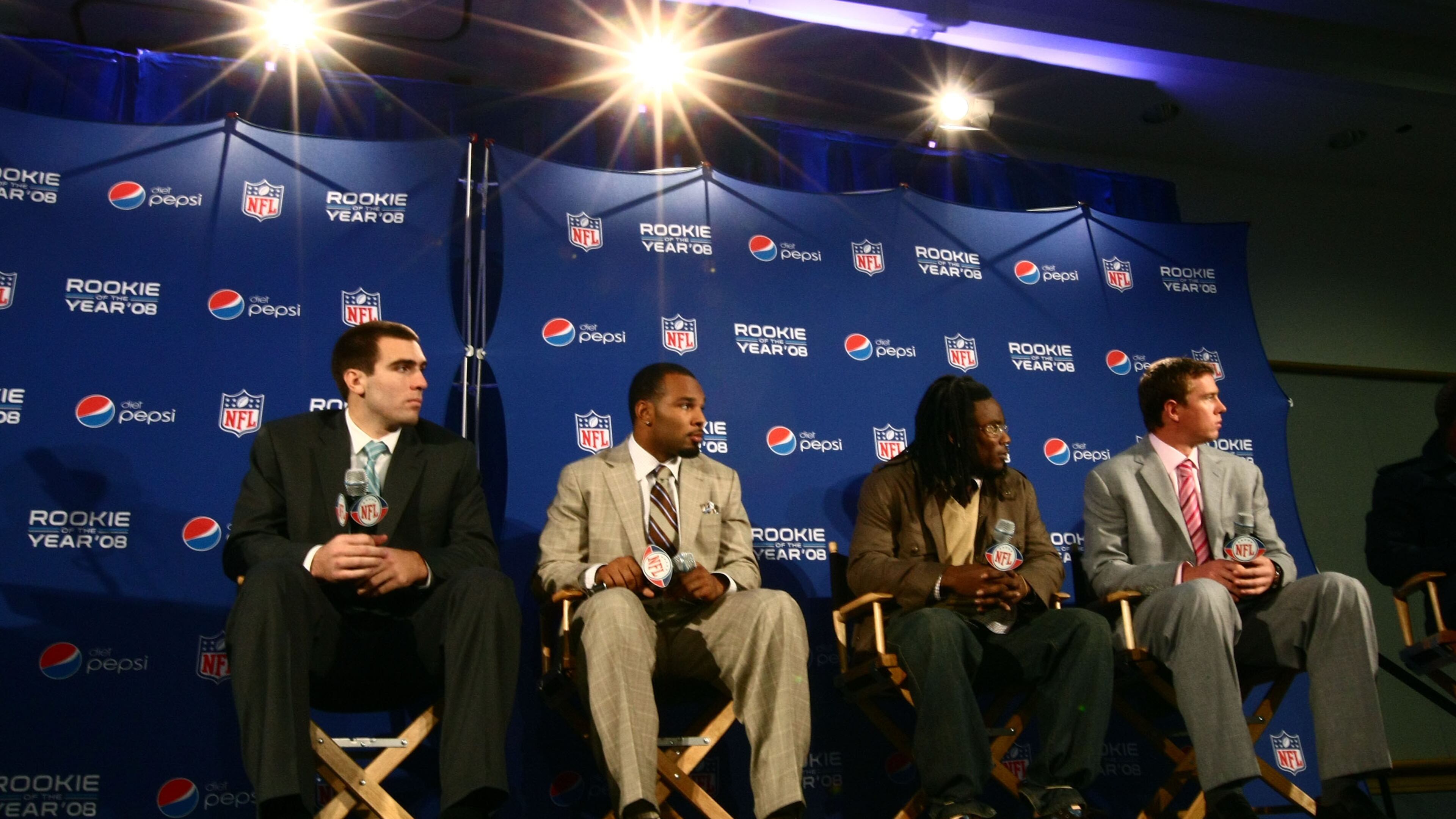 TAMPA, FL - JANUARY 29: (L-R) Joe Flacco of the Baltimore Ravens, Matt Forte of the Chicago Bears, Chris Johnson of the Tennessee Titans and Matt Ryan of the Atlanta Falcons look on during the "Diet Pepsi Rookie of the Year" press conference at the Tampa Convention Center on January 29, 2009 in Tampa, Florida. (Photo by Chris McGrath/Getty Images)