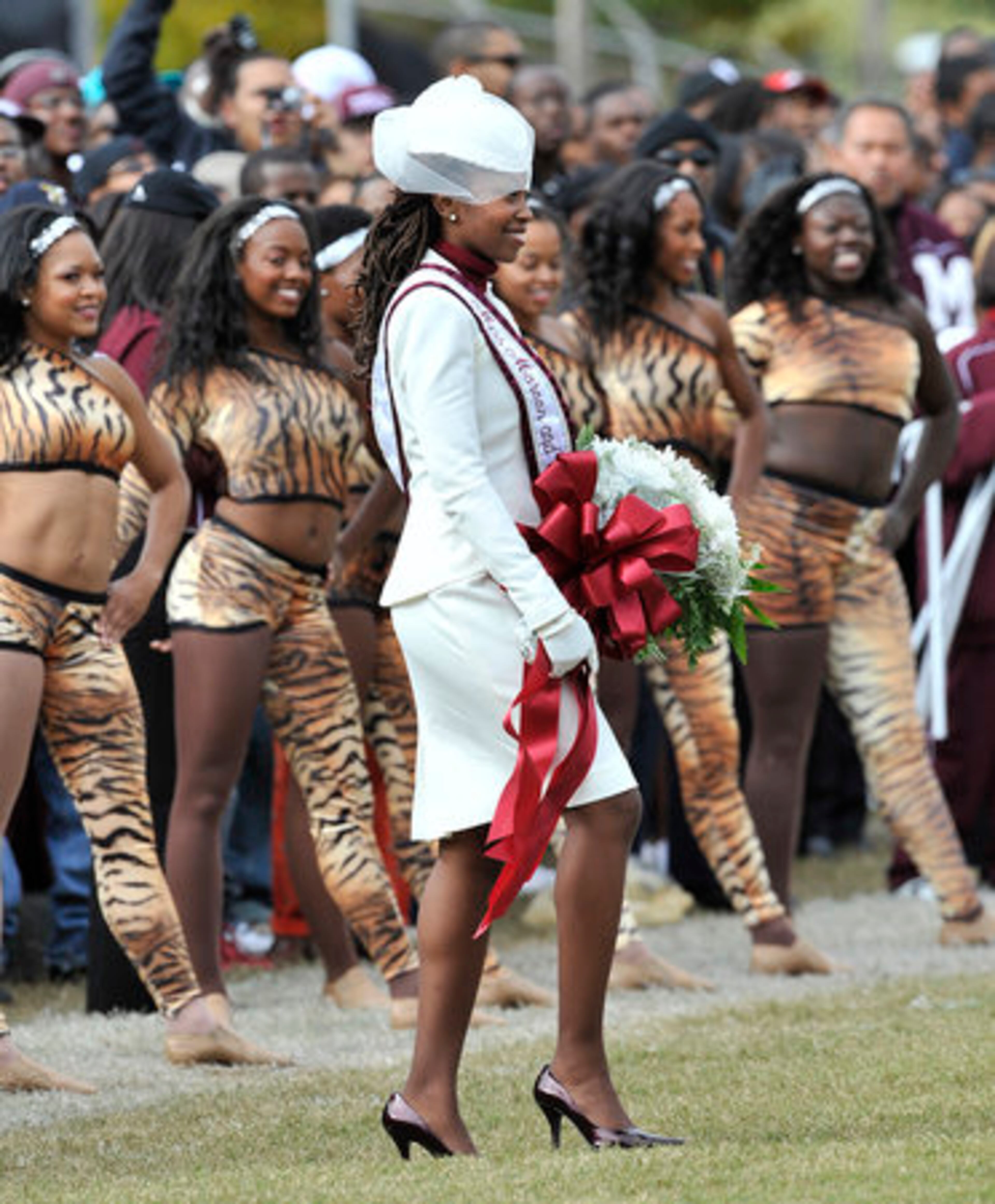 Remington Wiley, Morehouse College's homecoming queen, walks into the field at halftime.