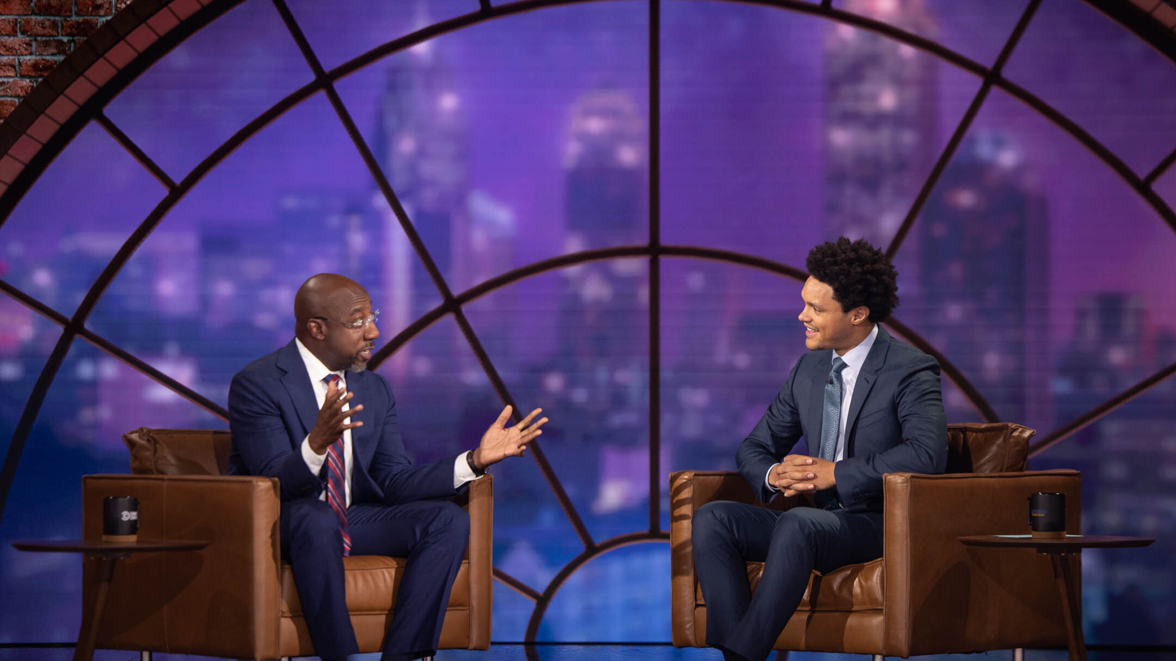 Trevor Noah talked to Sen. Raphael Warnock on "The Daily Show" in Atlanta on November 2, 2022. COMEDY CENTRAL