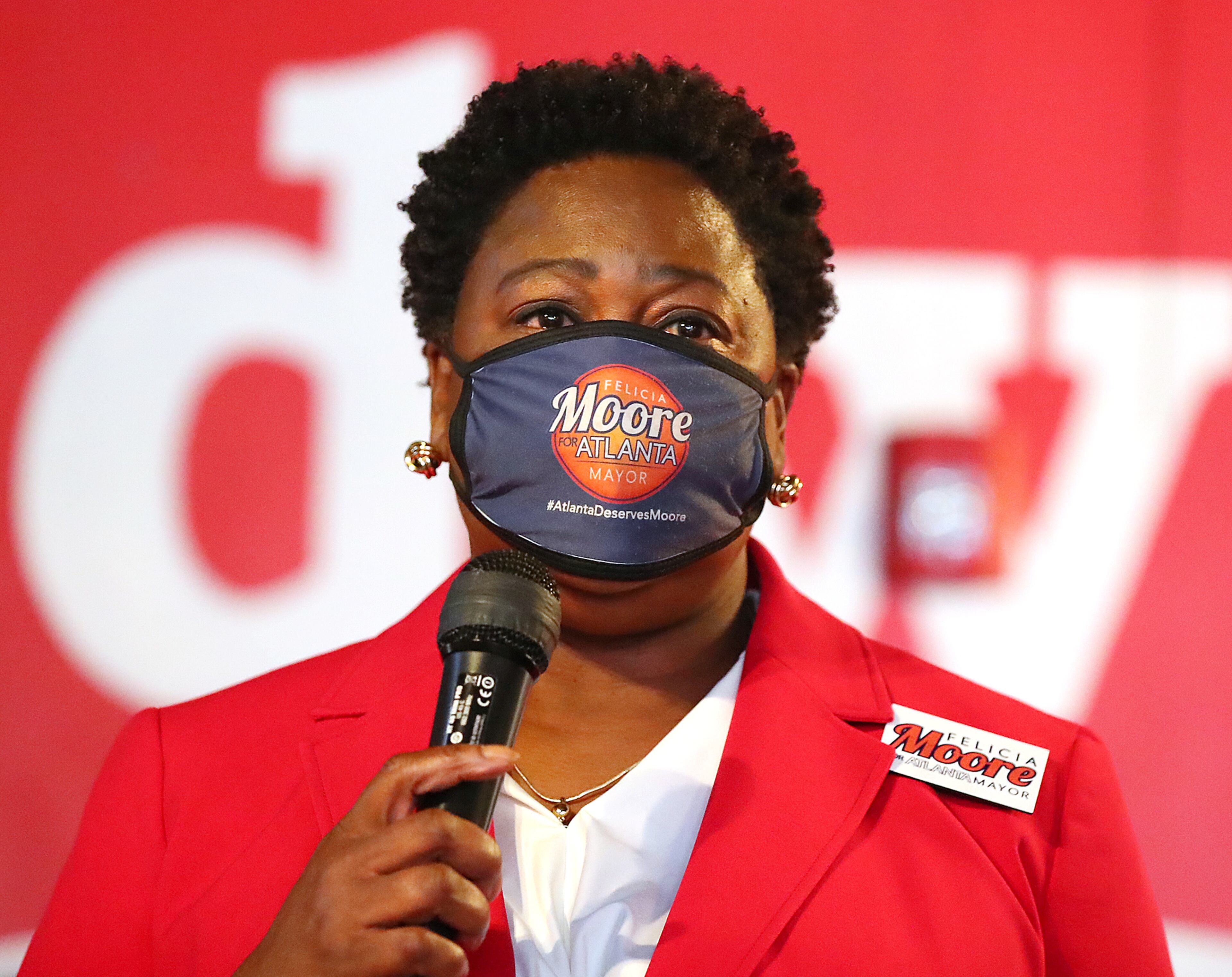 Mayoral candidate Felicia Moore, who is president of the Atlanta City Council, takes questions during a mayoral debate hosted by The Young Democrats of Atlanta at Manuel’s Tavern on August 4, 2021, in Atlanta. (Credit: Curtis Compton / Curtis.Compton@ajc.com)