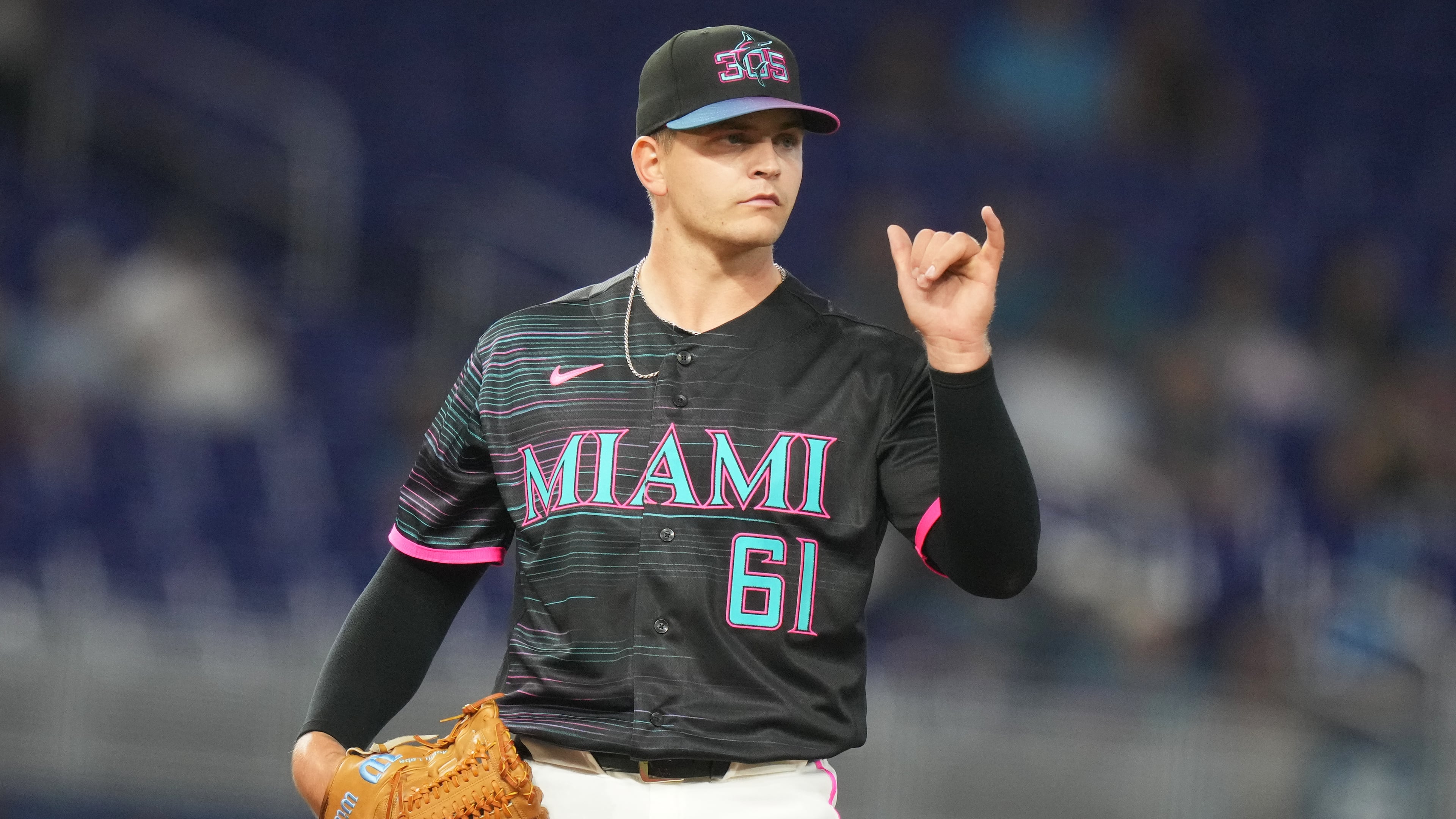 Miami Marlins starting pitcher Robby Snelling gestures during the first inning of a baseball game against the Washington Nationals, Friday, May 8, 2026, in Miami. (AP Photo/Lynne Sladky)