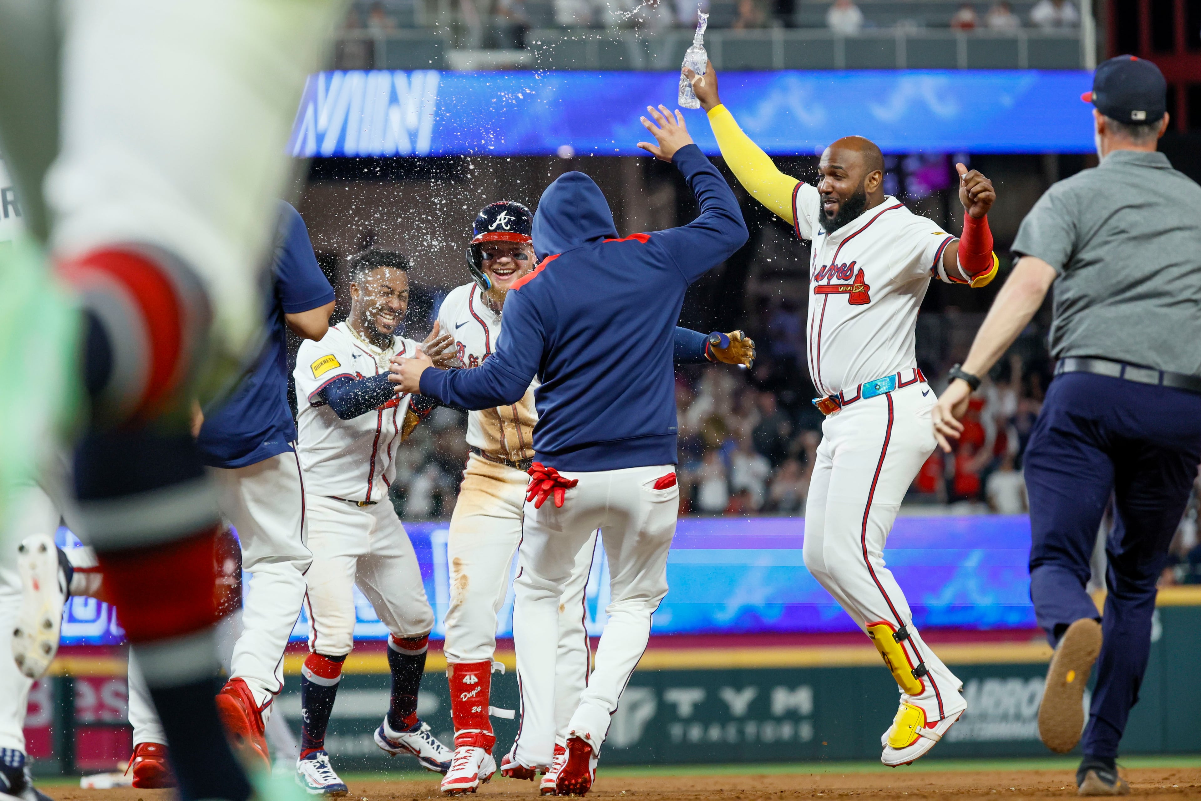 Atlanta Braves players celebrate with Atlanta Braves outfielder Alex Verdugo (8) after hitting a walk-off single to beat the Washington Nationals 4-3 at Truist Park on Monday, May 12, 2025, in Atlanta.
(Miguel Martinez/ AJC)