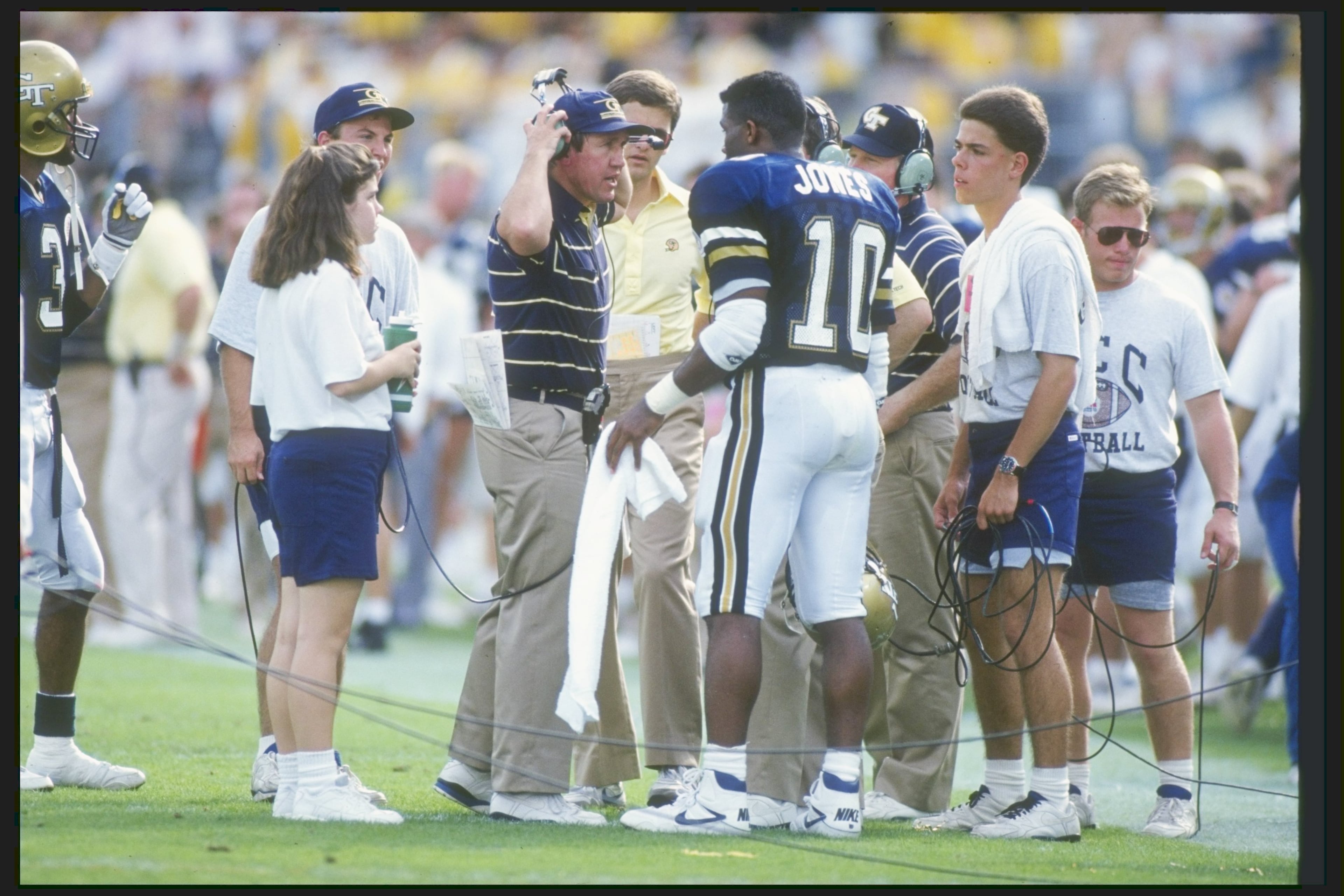 Coach Bobby Ross and Georgia Tech quarterback Shawn Jones speak to each other during a game against the Nebraska Cornhuskers at the Citrus Bowl in Orlando, Fla. Georgia Tech won the game 45-21 and the UPI national championship. Scott Halleran / Allsport