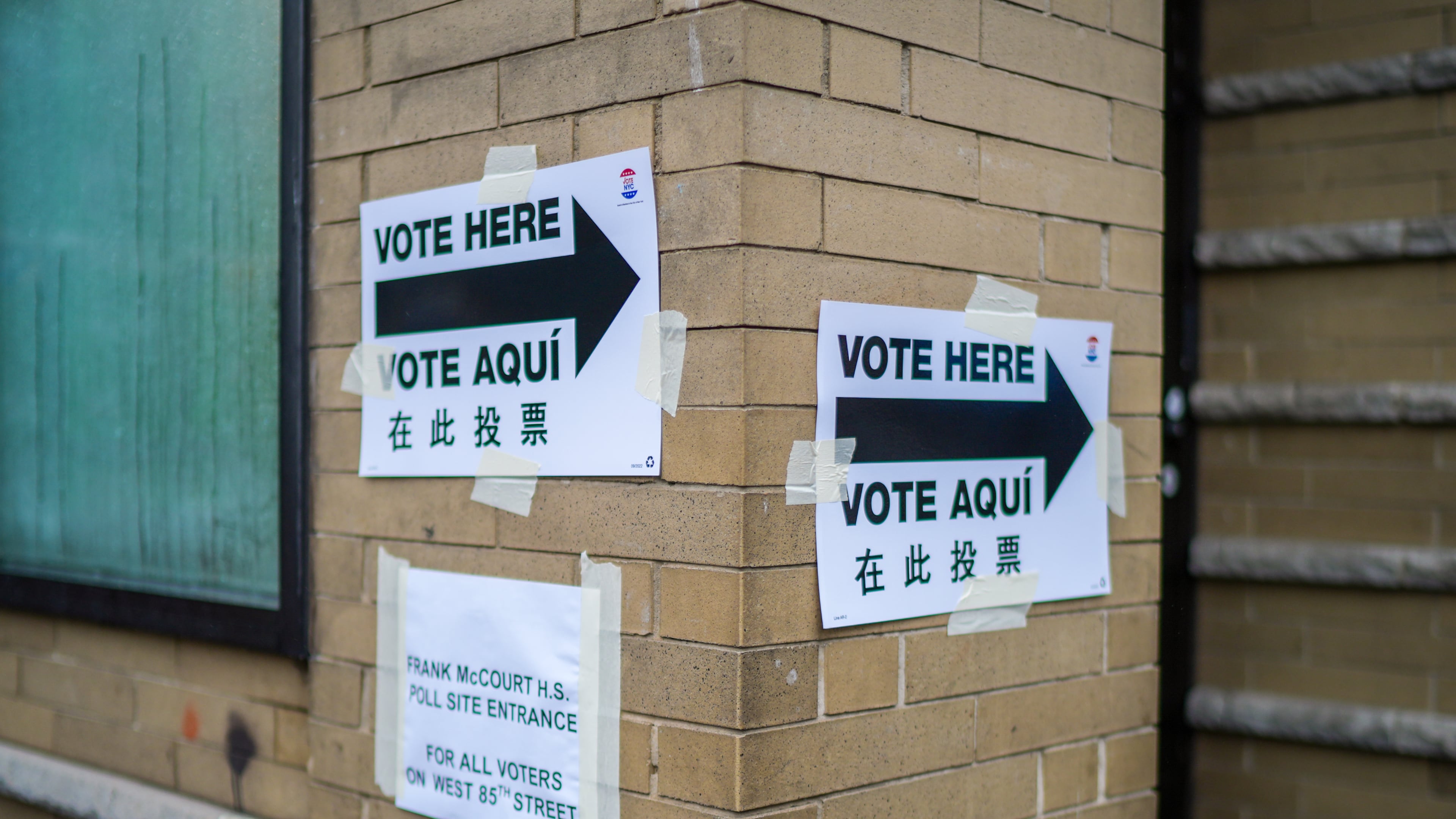 Voting signs are displayed outside a polling station on Election Day during New York’s primary election on Tuesday, June 23, 2026, in New York. (AP Photo/Ryan Murphy)