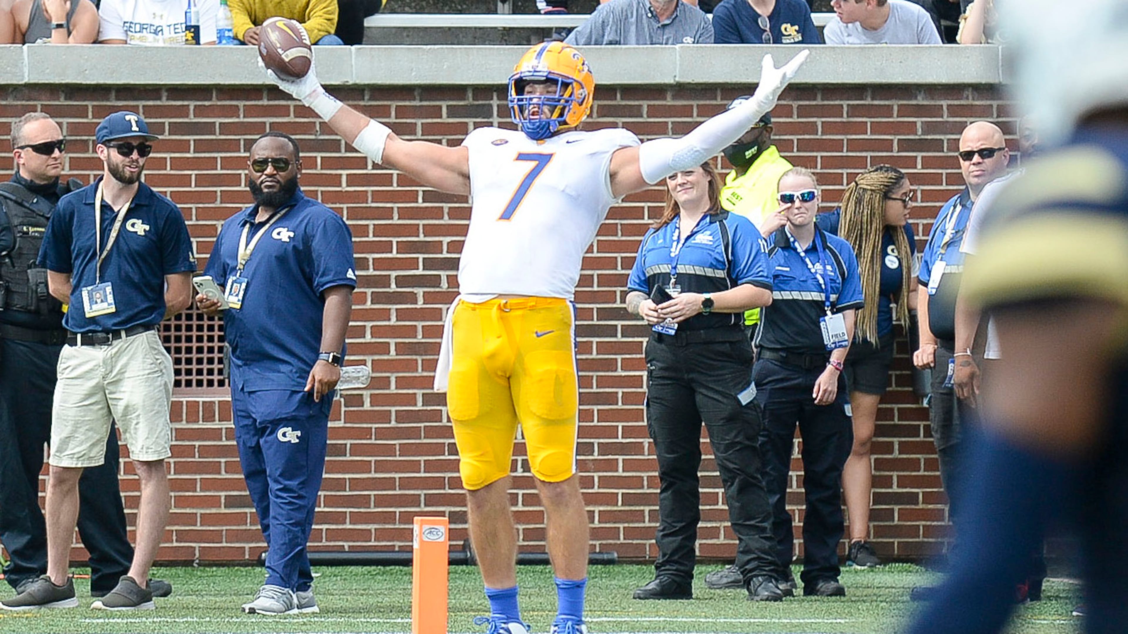 Pittsburgh tight end Lucas Krull reacts after scoring a touchdown in the Panthers' 52-21 victory over Georgia Tech in Atlanta Oct. 2, 2021.