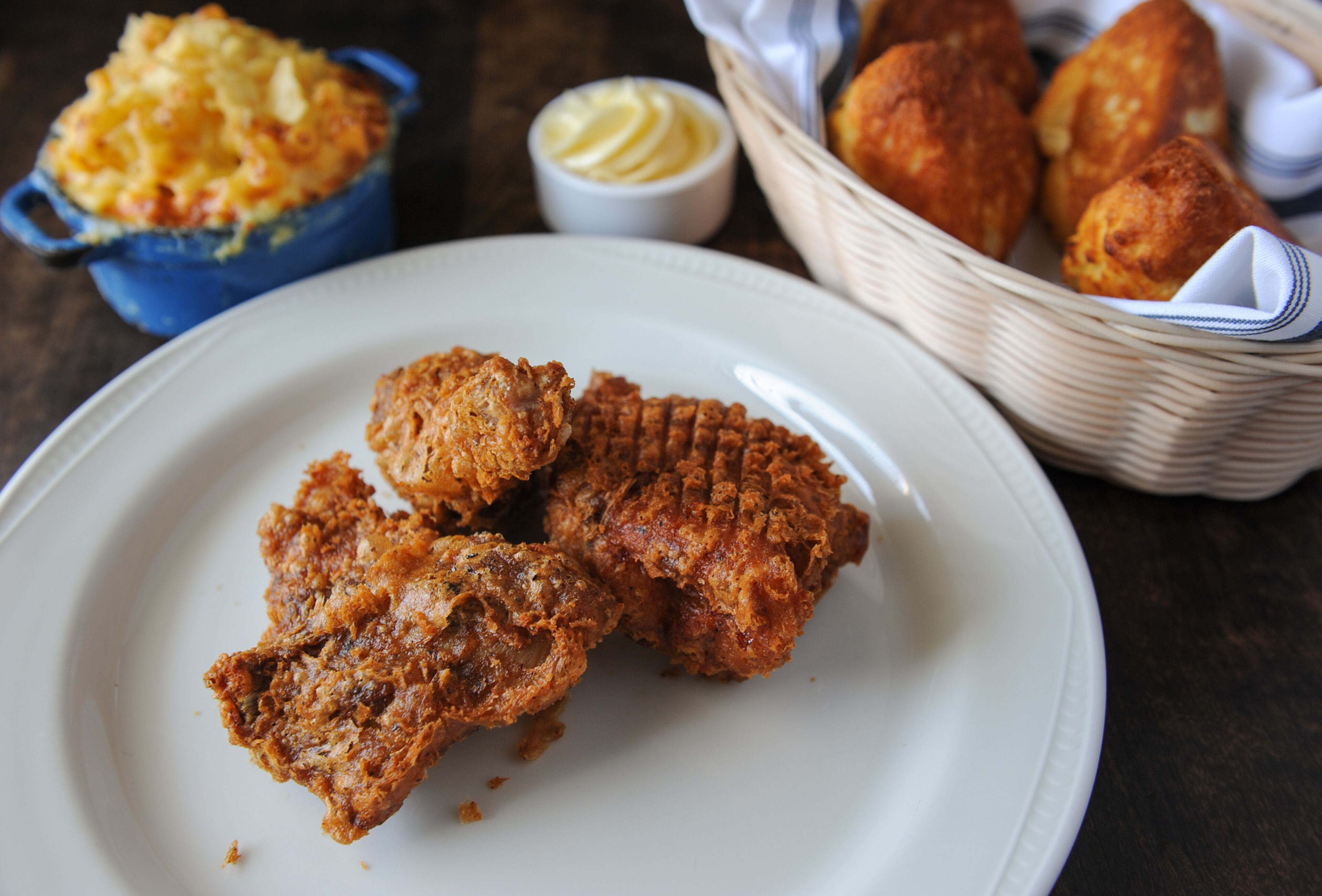 Revival fried chicken, mac n' cheese and the Gillespie family iron skillet corn bread. (Becky Stein Photography)