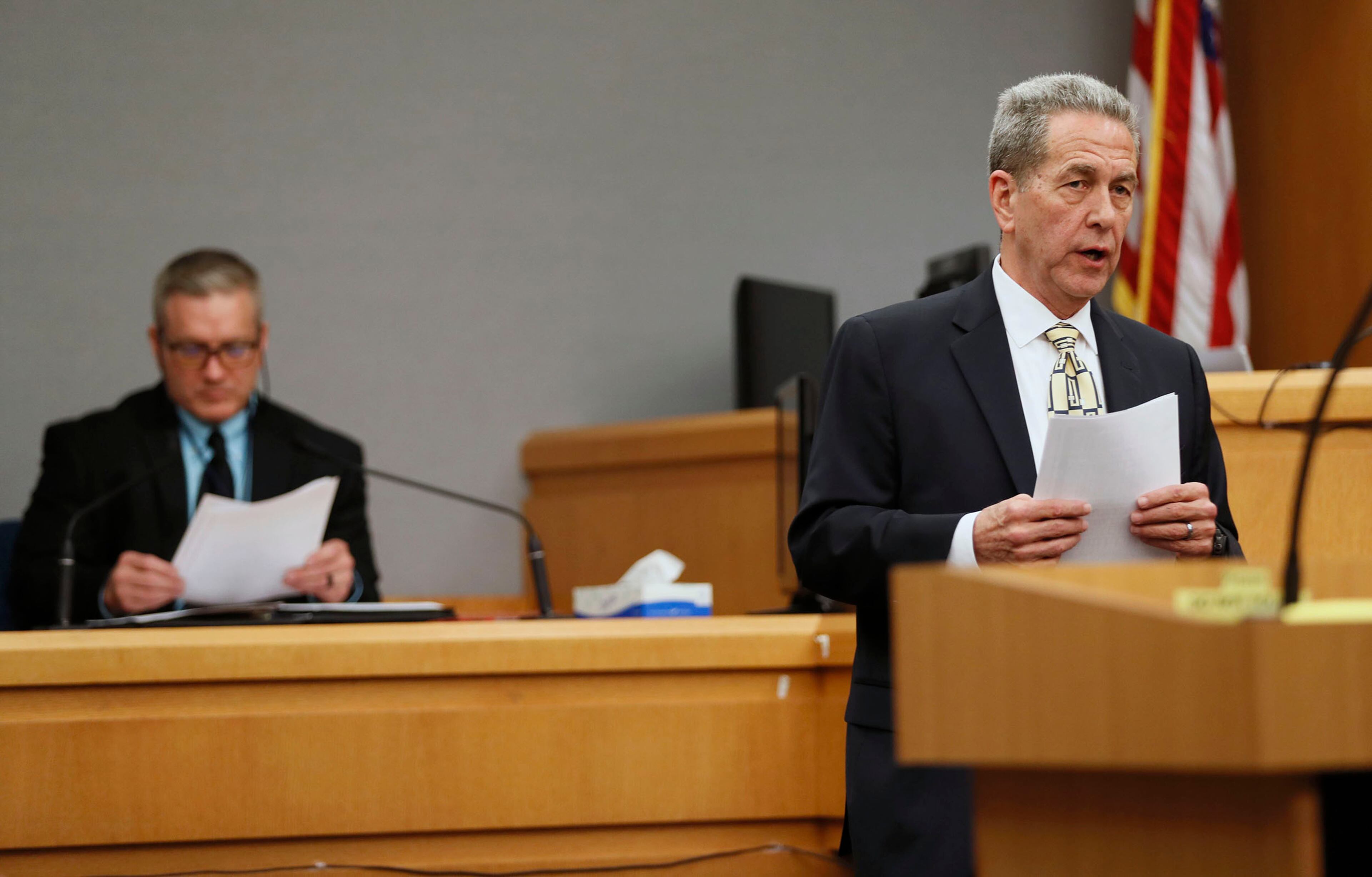 April 26, 2019 - Lawrenceville - Chris Ford, a certified forensic examiner, is question by District Attorney Danny Porter about data retrieved from the phone of Eman Moss, husband of Tiffany Moss. The prosecution continued it's case in the third day of the Tiffany Moss murder trial. Moss, who is representing herself, is accused of intentionally starving her 10-year-old stepdaughter Emani to death in the fall of 2013. Bob Andres / bandres@ajc.com