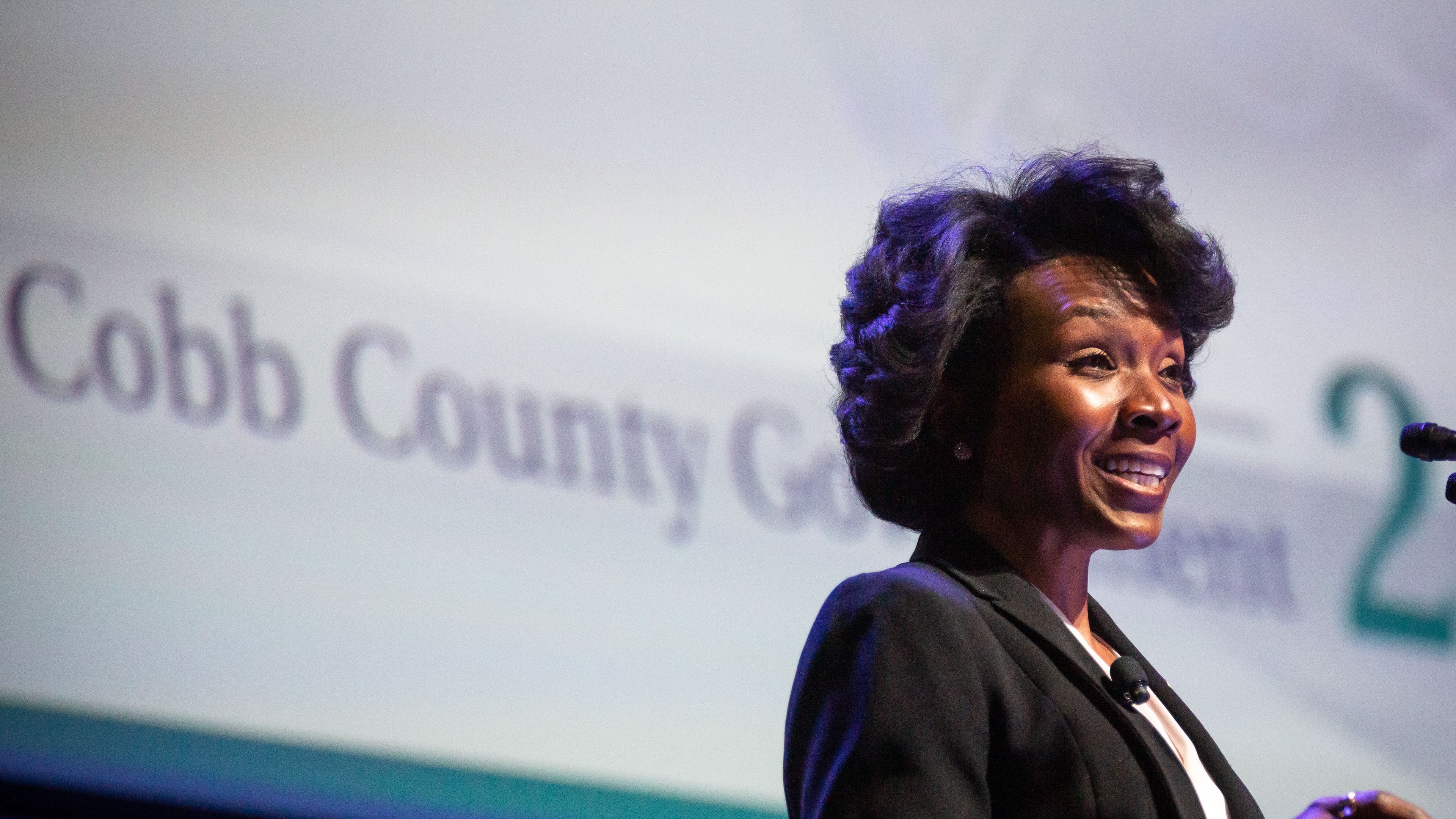 Cobb Commission Chair Lisa Cupid gives the State of the County address at the Roxy Theatre at Truist Park Monday, March 8, 2021. STEVE SCHAEFER FOR THE ATLANTA JOURNAL-CONSTITUTION