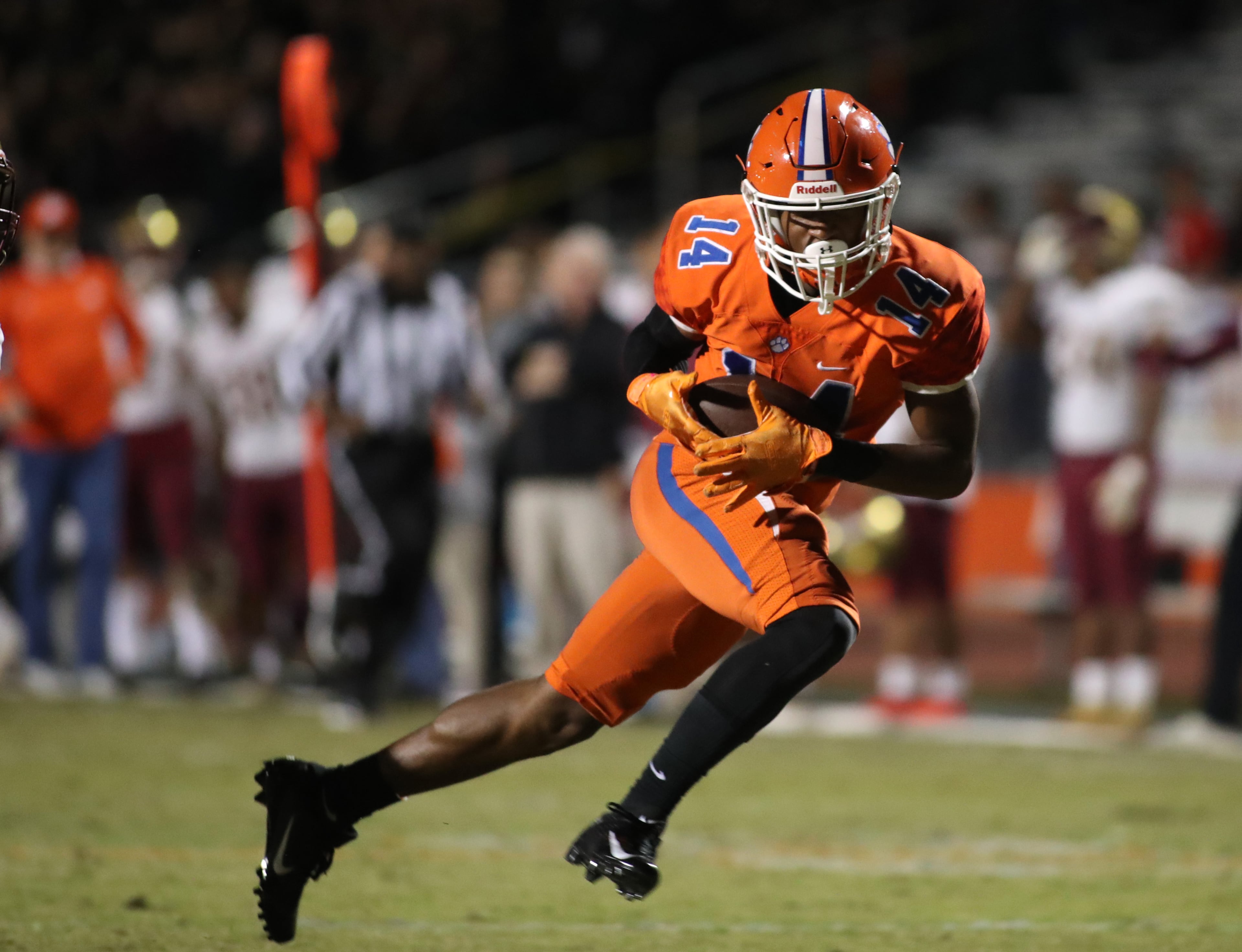 Parkview wide receiver Jared Brown (14) scores on a 49-yard touchdown catch in the first half against Brookwood at Parkview High School Friday, October 25, 2019 in Lilburn, Ga. (JASON GETZ/SPECIAL TO THE AJC)