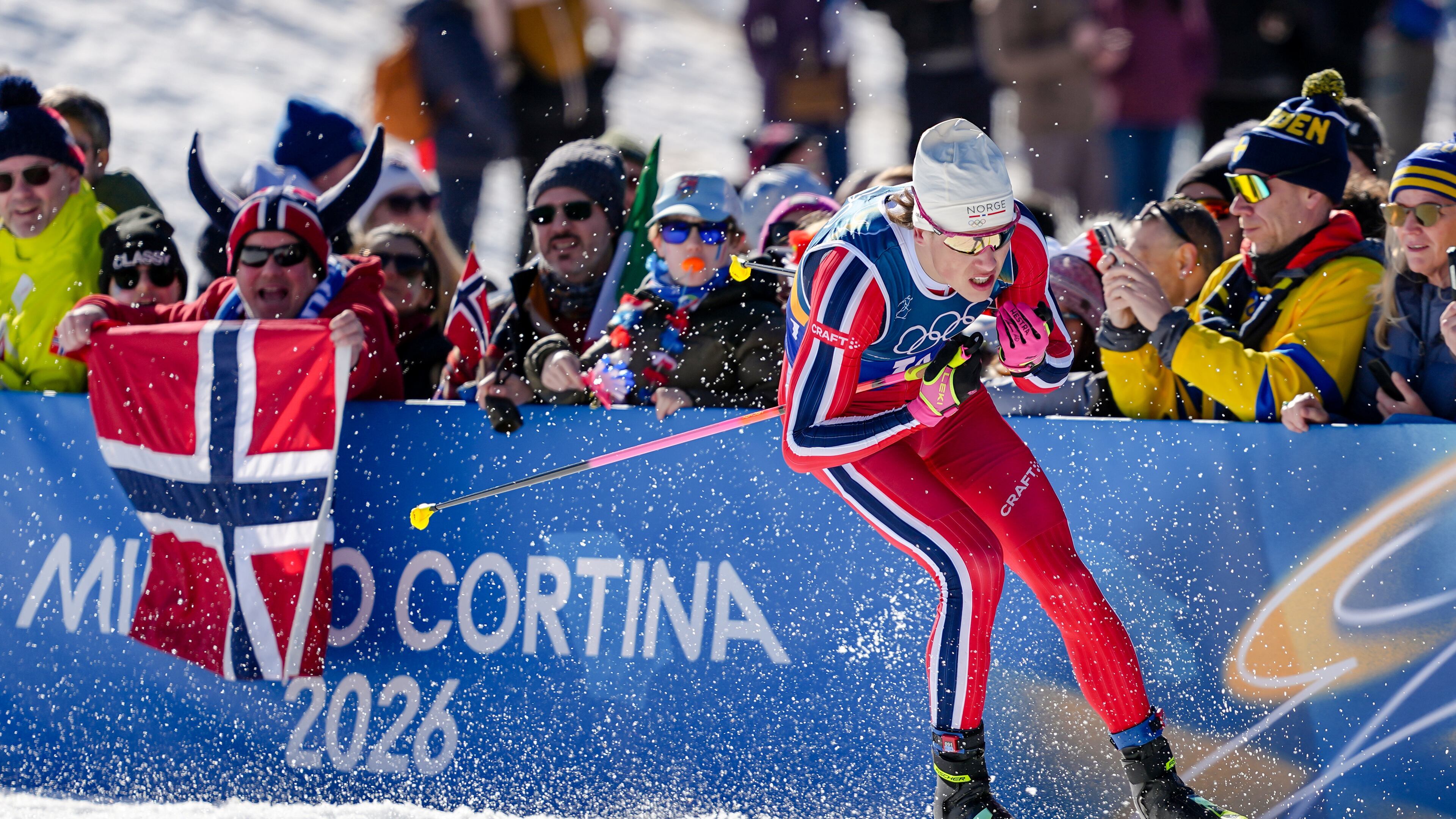 Johannes Hoesflot Klaebo, of Norway, competes in the cross country skiing men's 4 x 7.5km relay at the 2026 Winter Olympics, in Tesero, Italy, Sunday, Feb. 15, 2026. (AP Photo/Matthias Schrader)